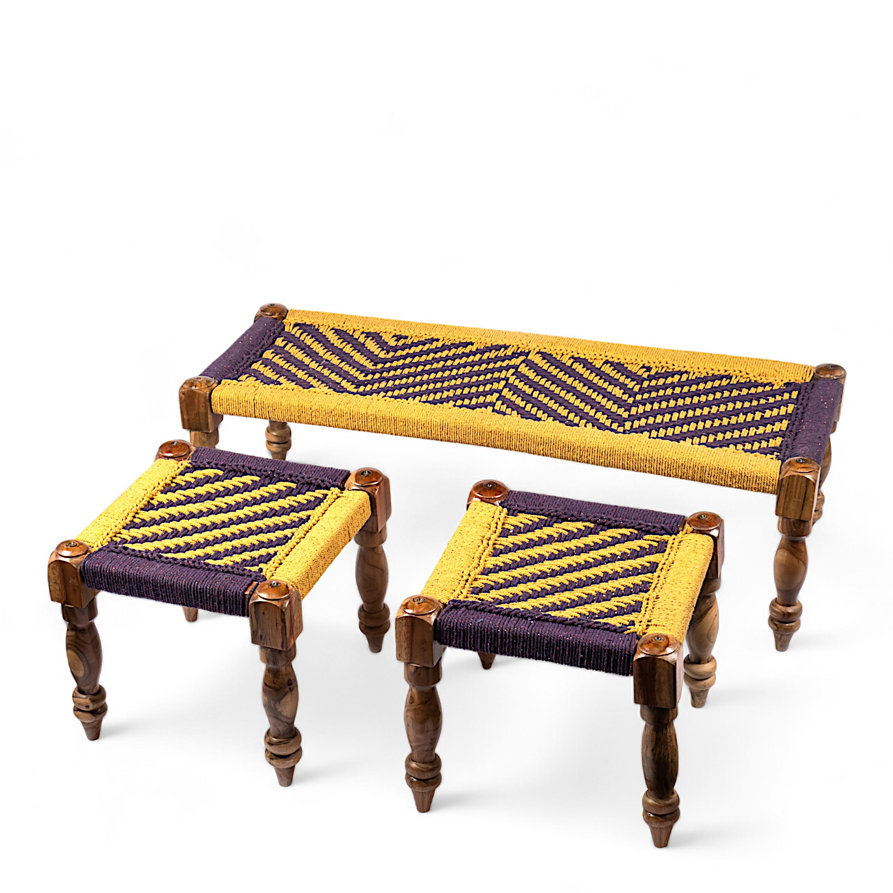 Hamilton Solid Wood Maachi Bench set with 2 Stools in Purple & Yellow Canning