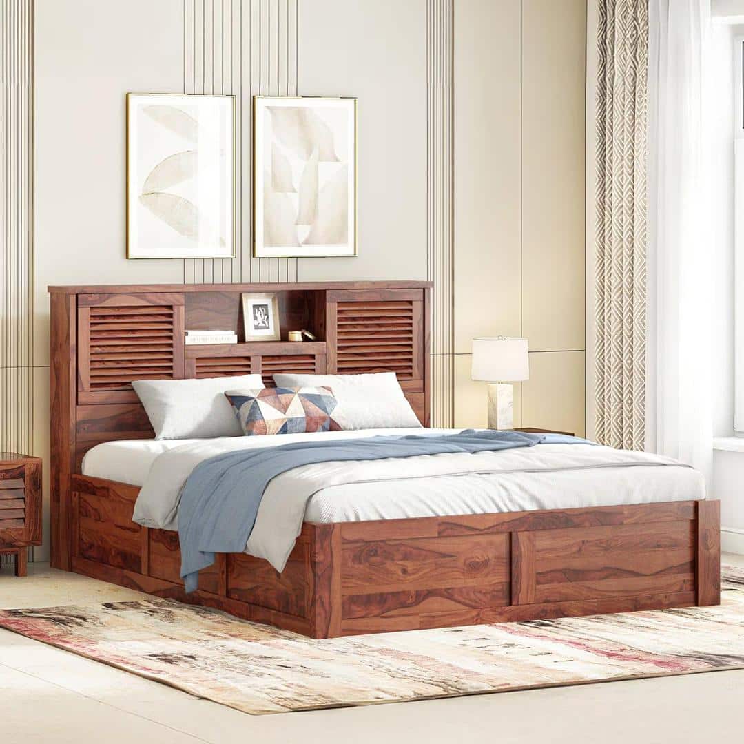 Cambry Queen Size Box Storage Bed With Headboard Storage In Honey Finish