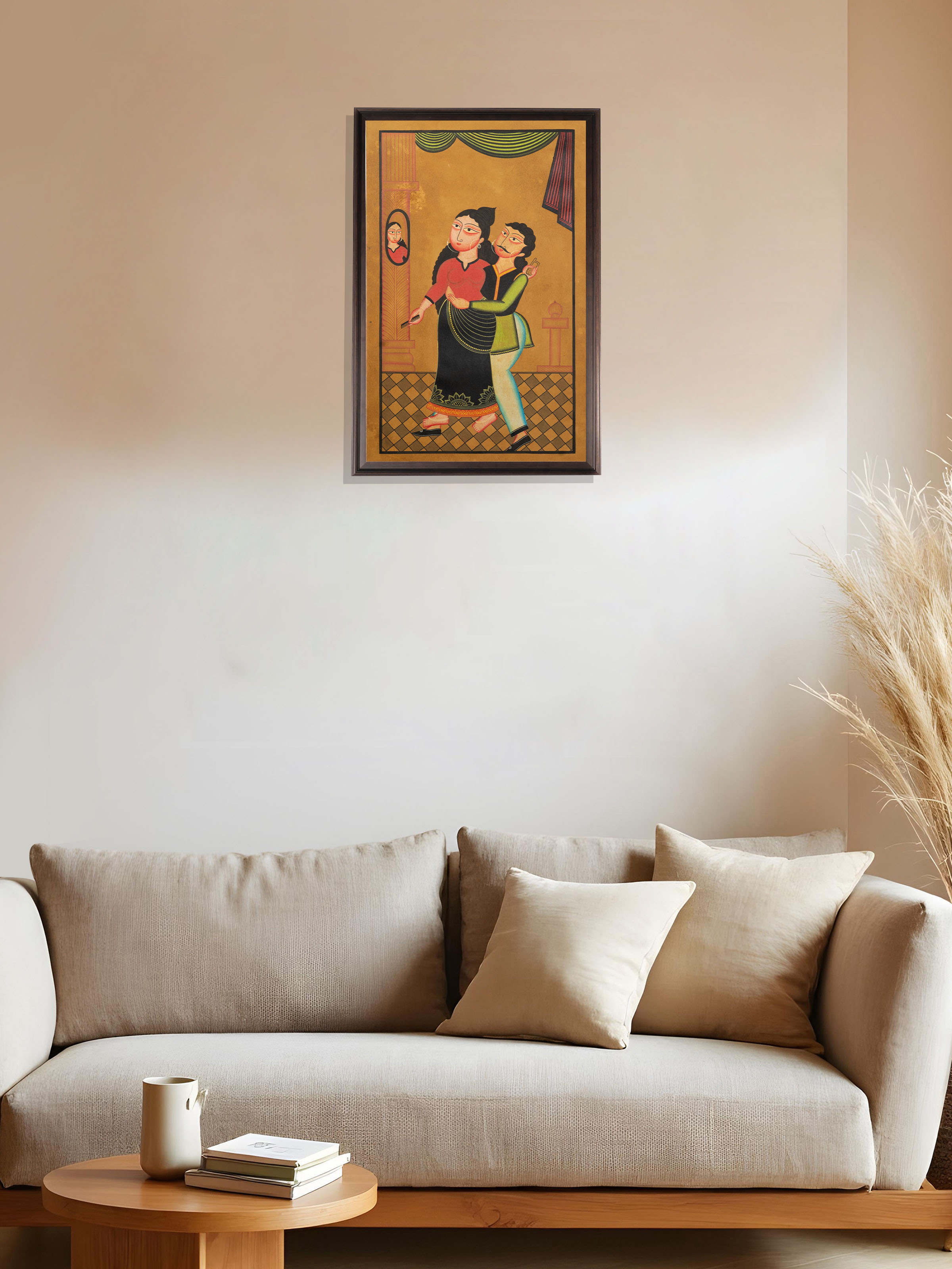 Hand-painted Kalighat Babu Bibi artwork with classic Bengali folk art style