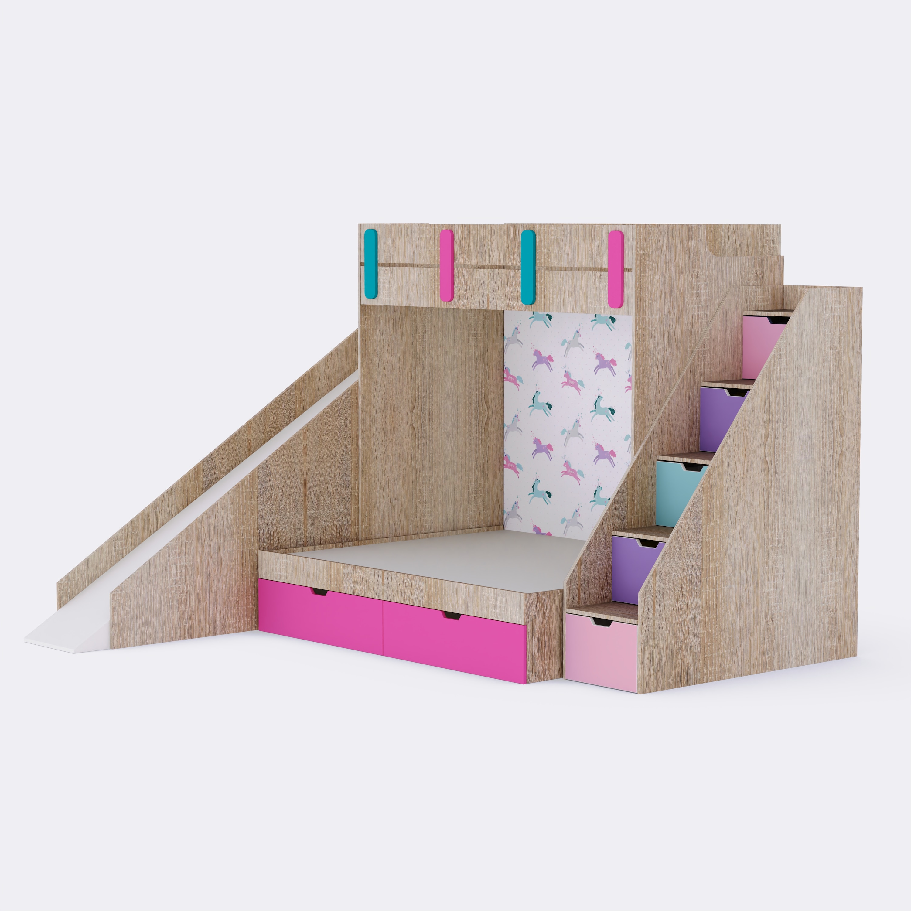 Sleep N SlideBunk Bed 6X5 Drawers On Wheels In Oak and Pink Colour67