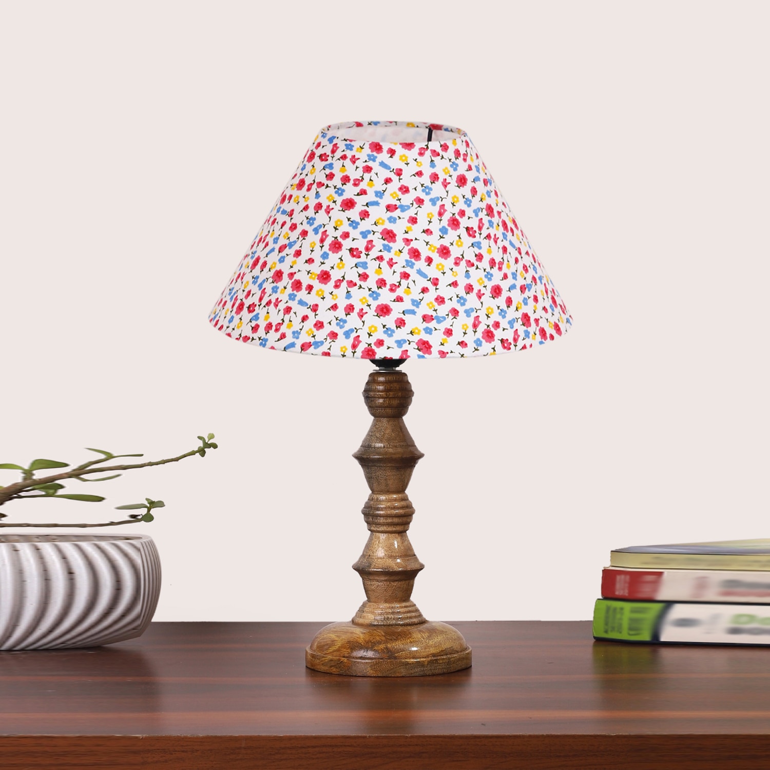 Devansh Multicolor Cotton Table Lamp With  Wood Natural Base (10X10X16) Inches)-40