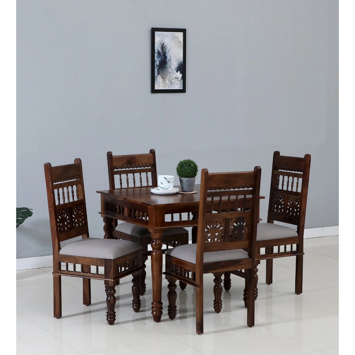 Hrida Solid Wood 4 Seater Dining Table in Teak Finish - Vishwakarma Antique