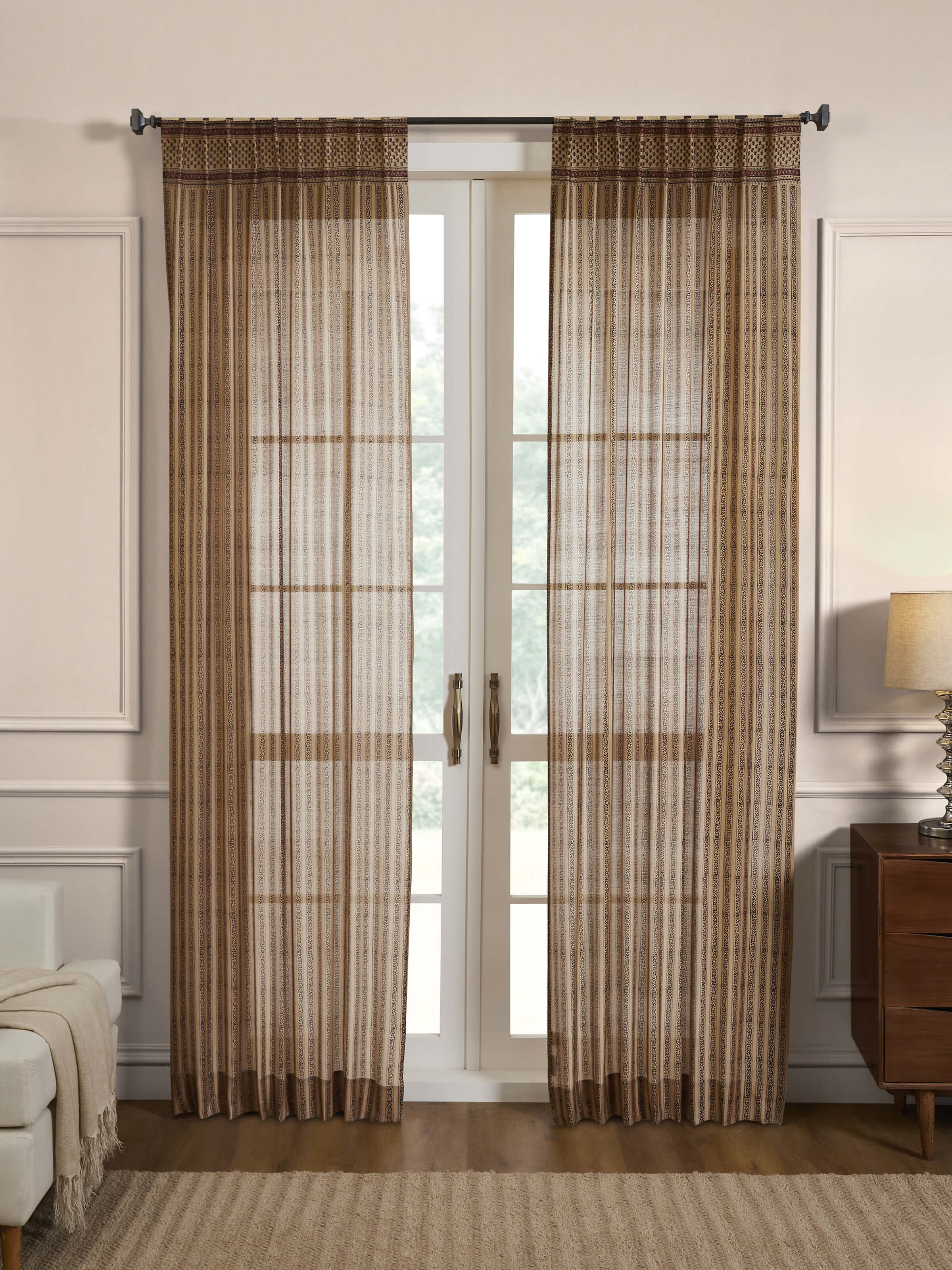 Vasudha Rust Stripe Buta Silk Cotton Bagru Hand Block Print Sheer Curtain (9 Ft)