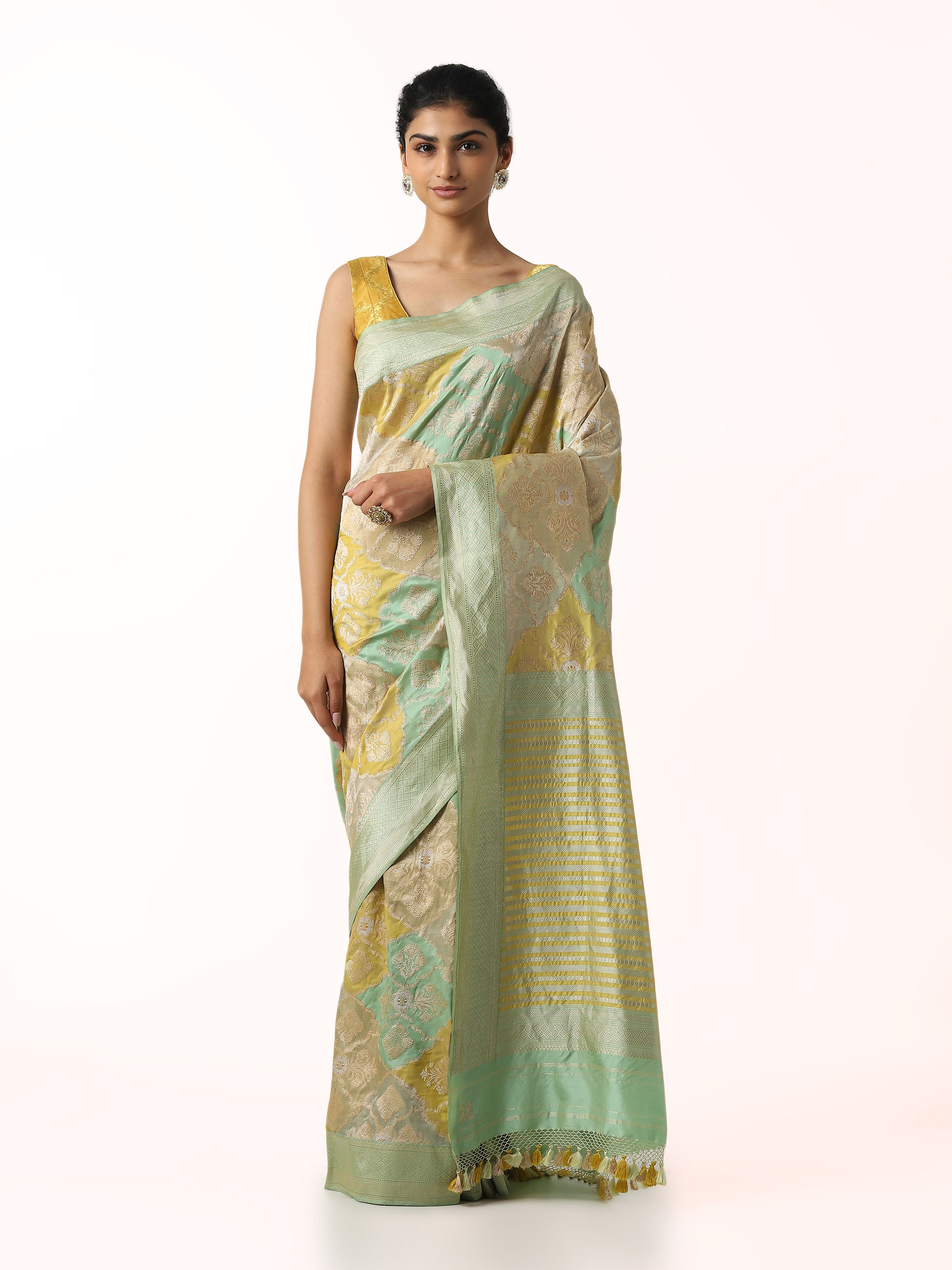 Front view of silk rangkat Banarasi saree showcasing vibrant multicolour weave