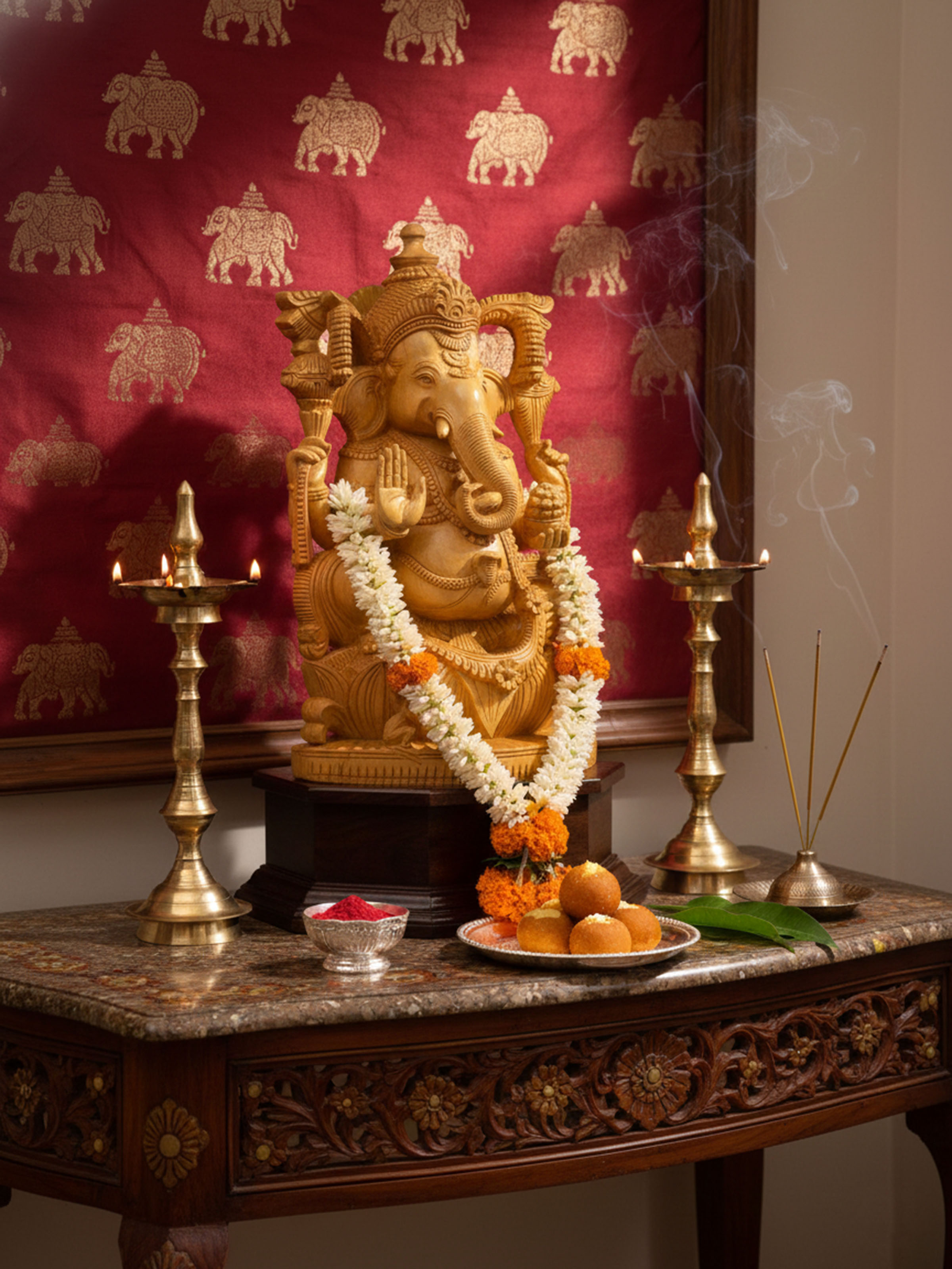 Wood Carved Ganesha Idol