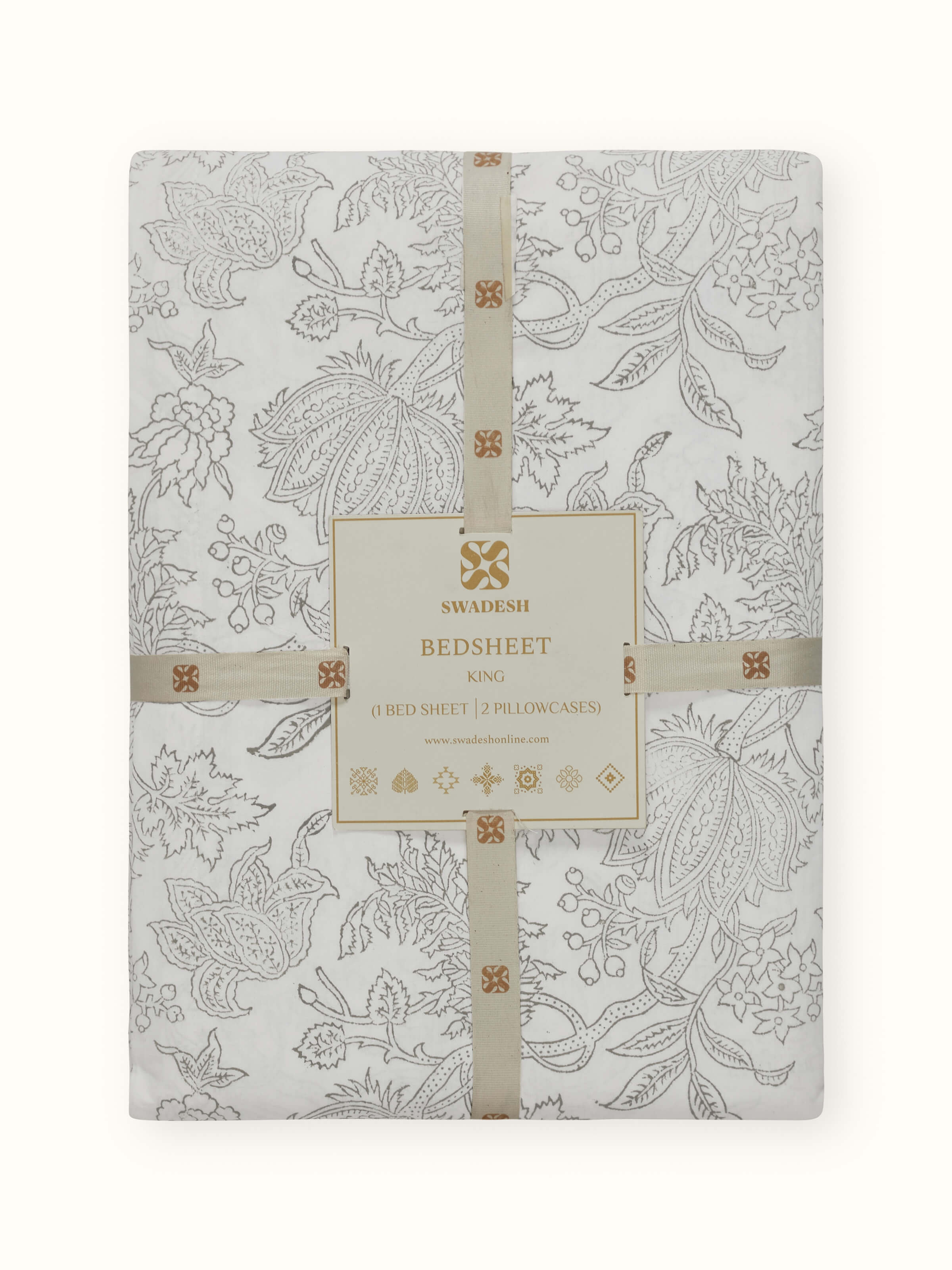 Back view showing the overall layout of the grey Sanganeri king-size bedsheet set