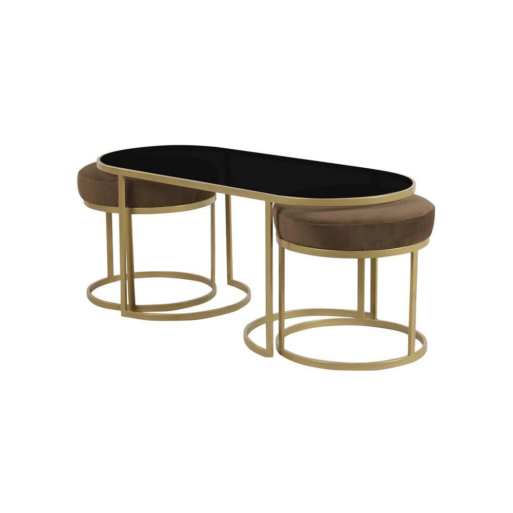 Benton Nesting Black Glass Coffee Table Set With 2 Stools In Gold Finish