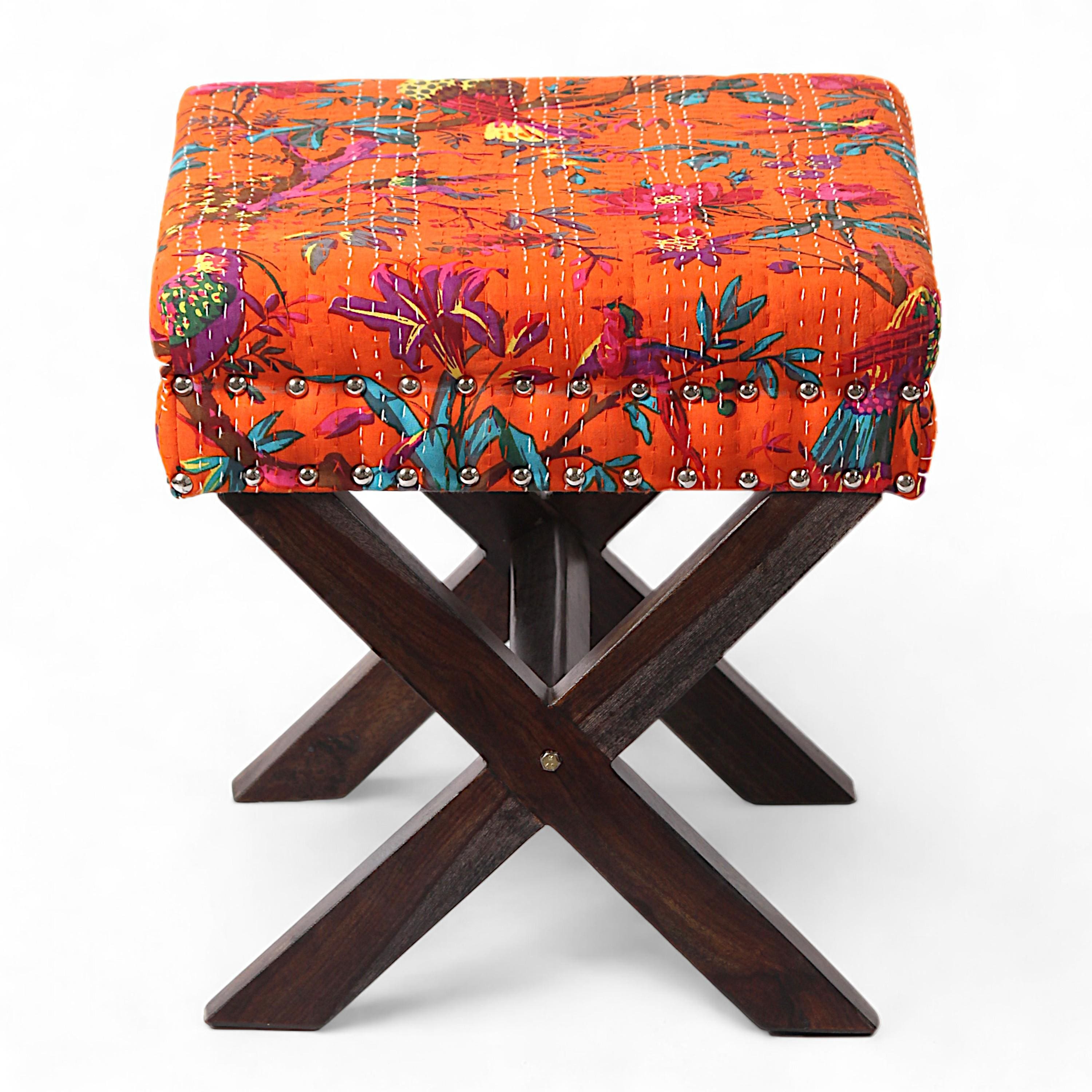 Rosslyn Solid Wood Pouf Stool in Bird Print Orange Ethnic Kantha fabric