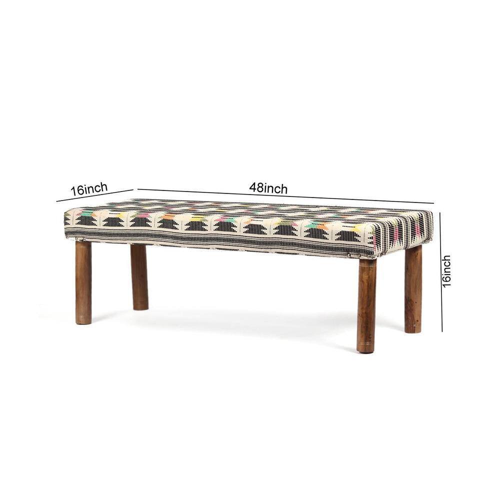 Asteria Solid Wood 2 Seater Bench In Stripe White Jackard Fabric