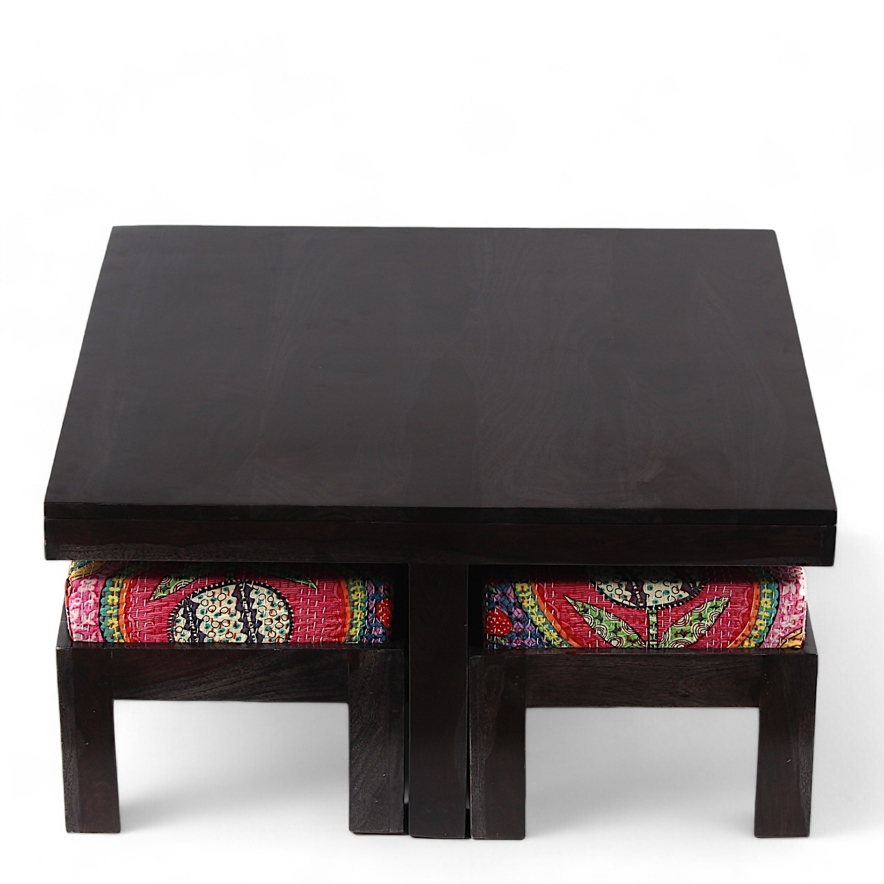 Blane Sheesham Wood Coffee Table With 4 Stools Set In Mahogany Finish & Multi Colour Israel Print Kantha Fabric Cushions