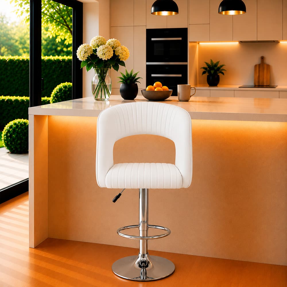 Doe Buck Adjustable Upholstered Bar Stool in White Colour with Chrome Base - Doe Buck