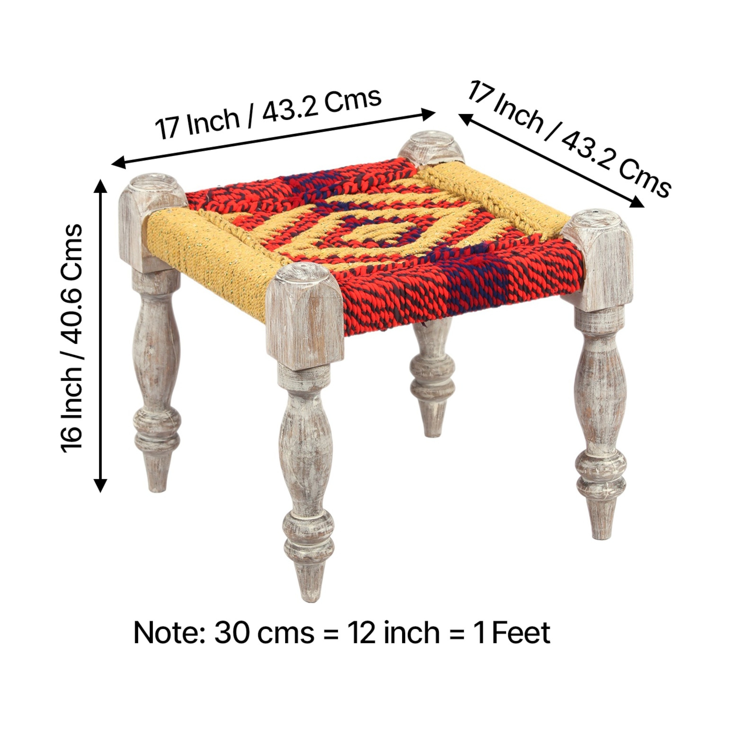 Hamilton Sheesham Wood 2 Seater Maachi Bench Set With 2 Stools In Assorted Multi-Colour Chindi & Yellow Rope Canning