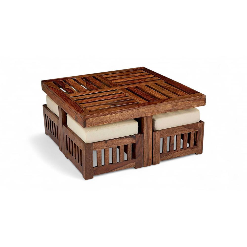 Palladio Sheesham Wood Accent Coffee Table Set With 4 Stools In Natural Teak Finish