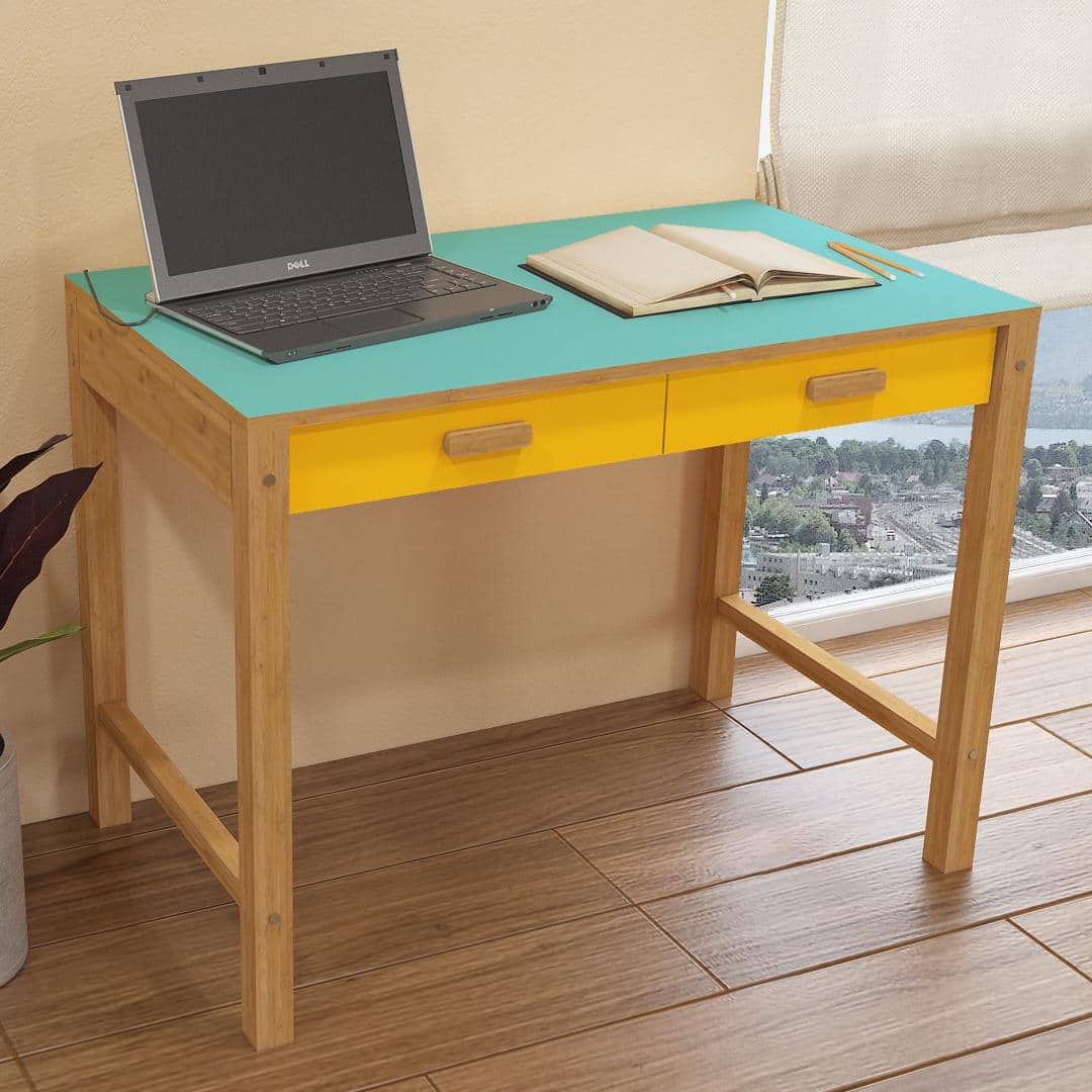 Exotica Kids Solid Wood Study Desk with Drawers and Wooden Handles in Misty Turquoise Mango Yellow Colour