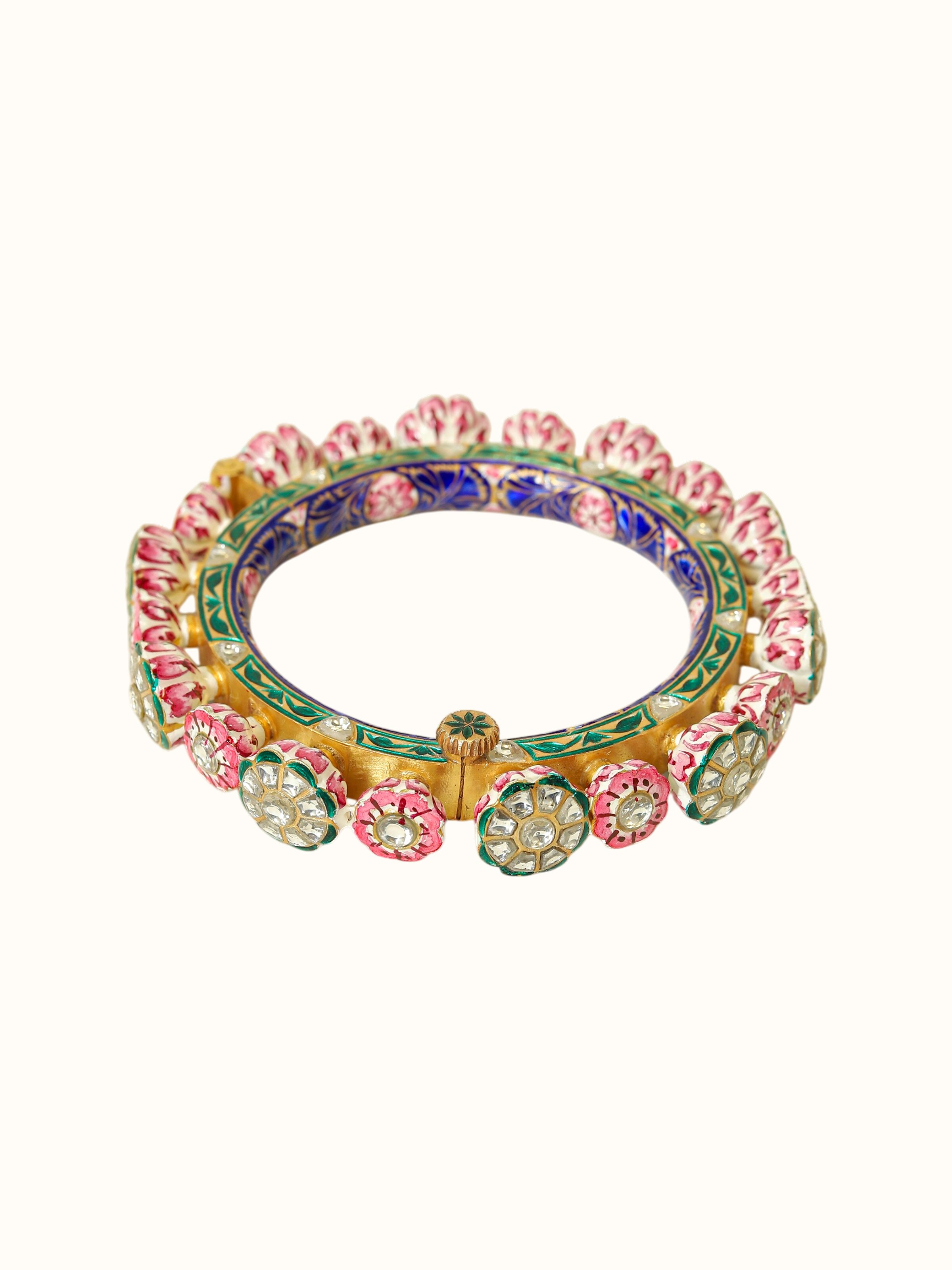 angled view of meenakari nathdwara silver gold plated bangle