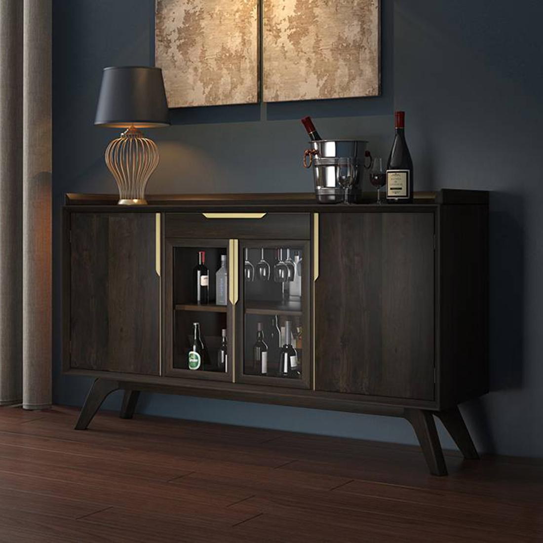 Taarkashi Solid Wood Bar Cabinet in American Walnut Finish