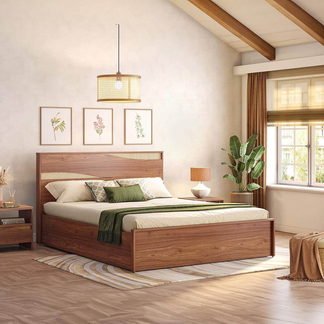 Karya Engineered Wood Queen Size Box Storage Bed In Wheat Brown Walnut Finish