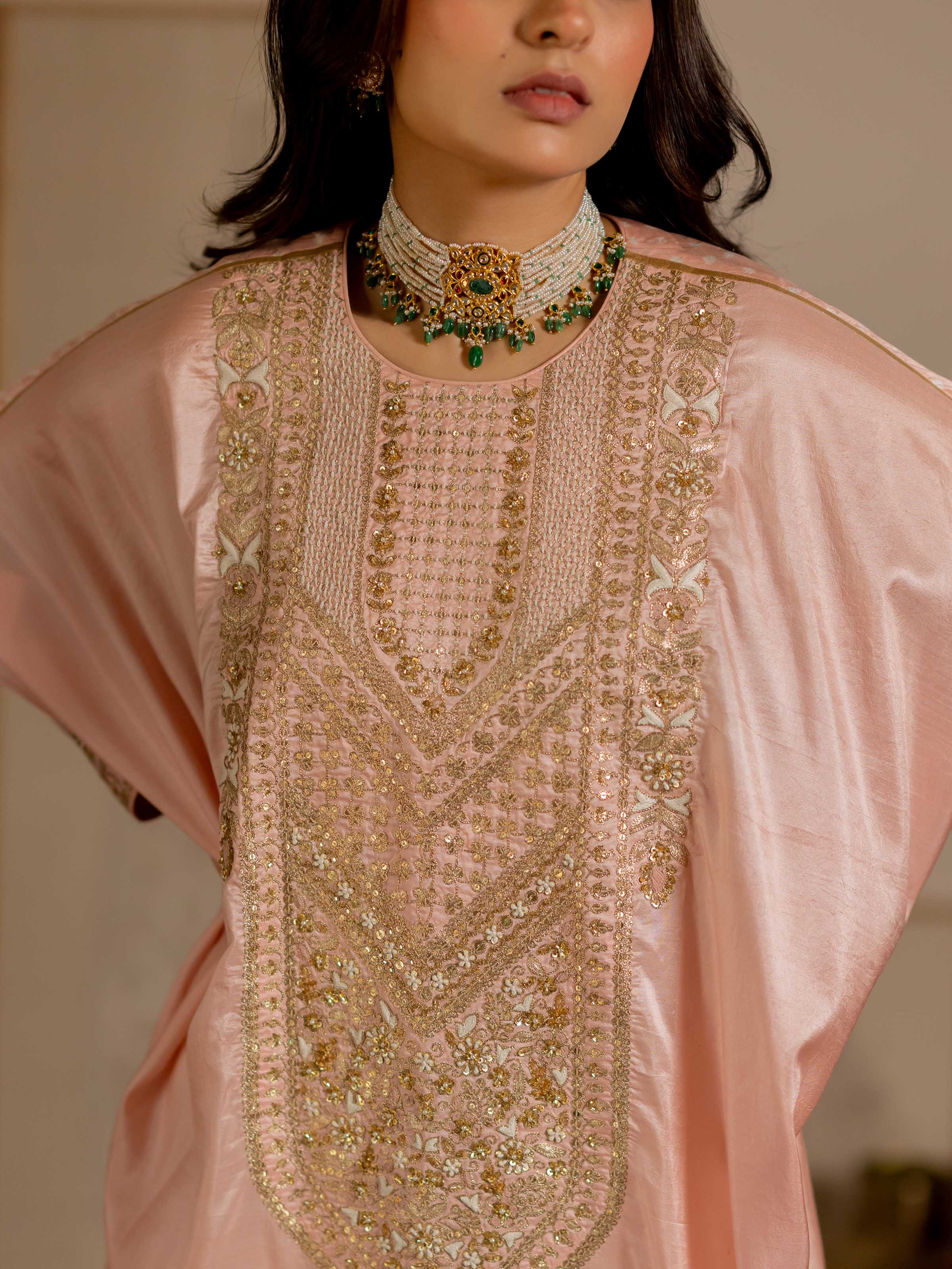 Draped detail view of the Blush Pink Silk Hand Embroidered Bandhani Kurta Set (2 Pcs)