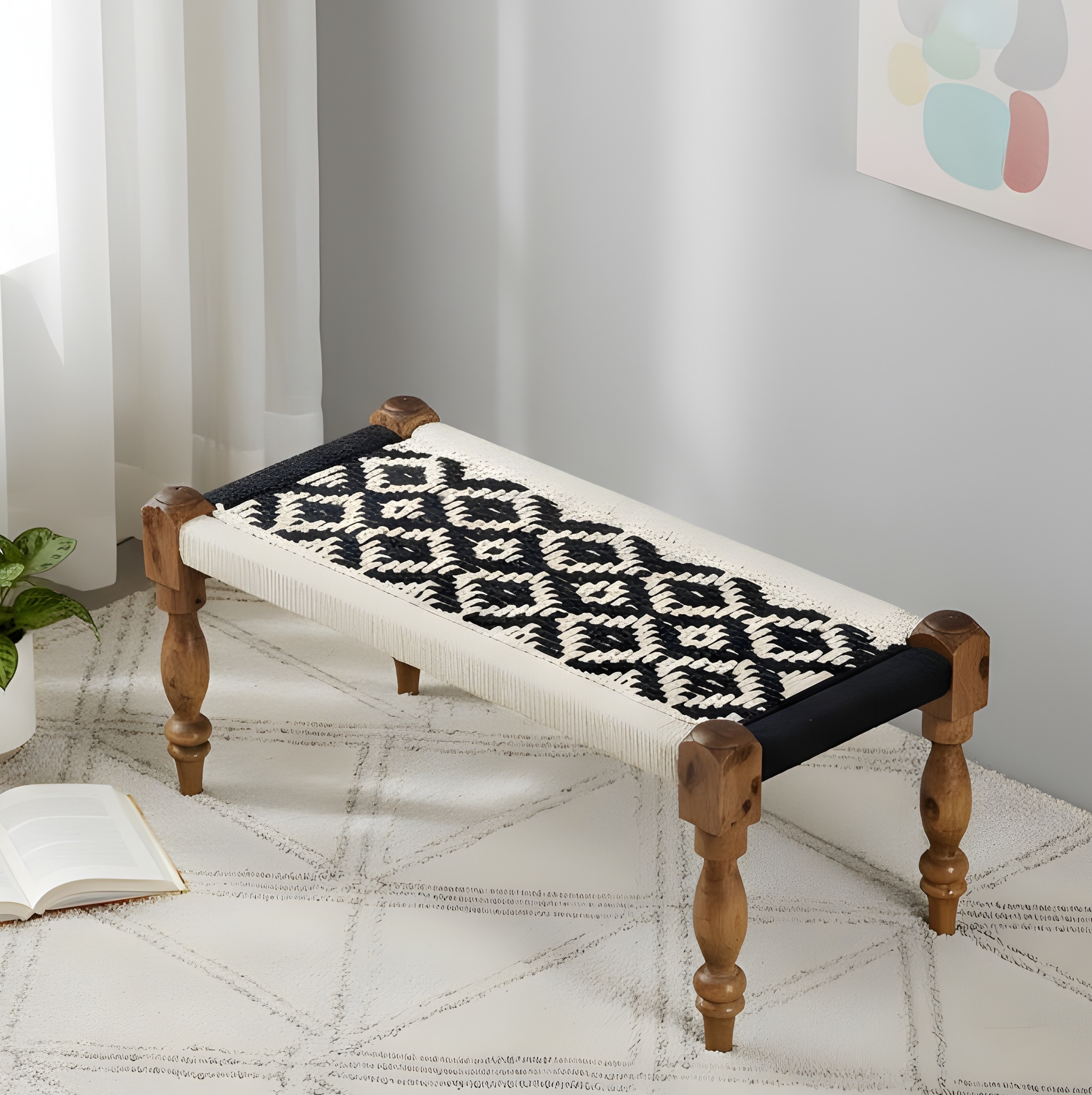 Oakville Sheesham Wood 2 Seater Maachi Bench In Black & White Rope Canning