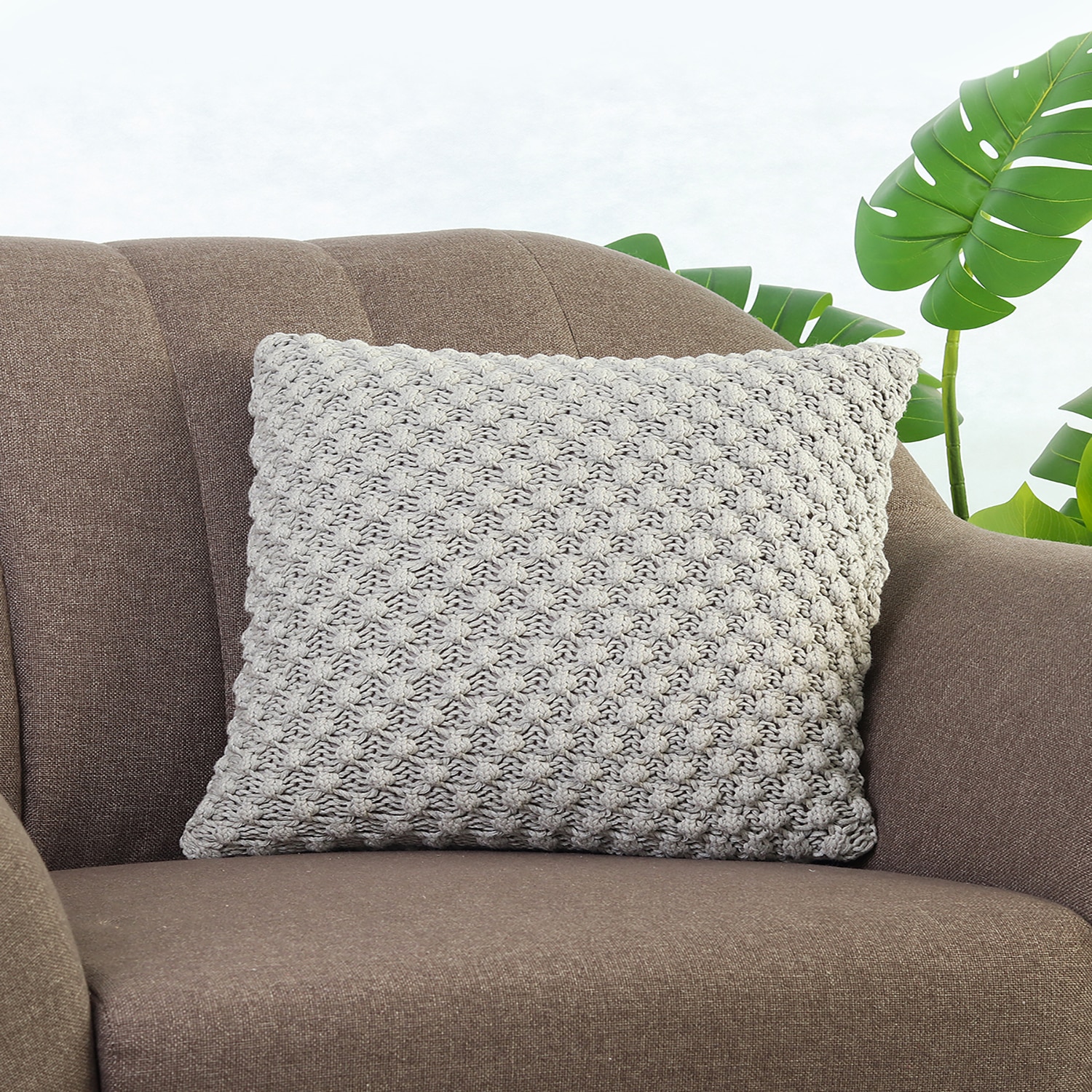 Popcorn Knit Grey Melange Pink Cushion Cover 16X16  Inches - Pluchi