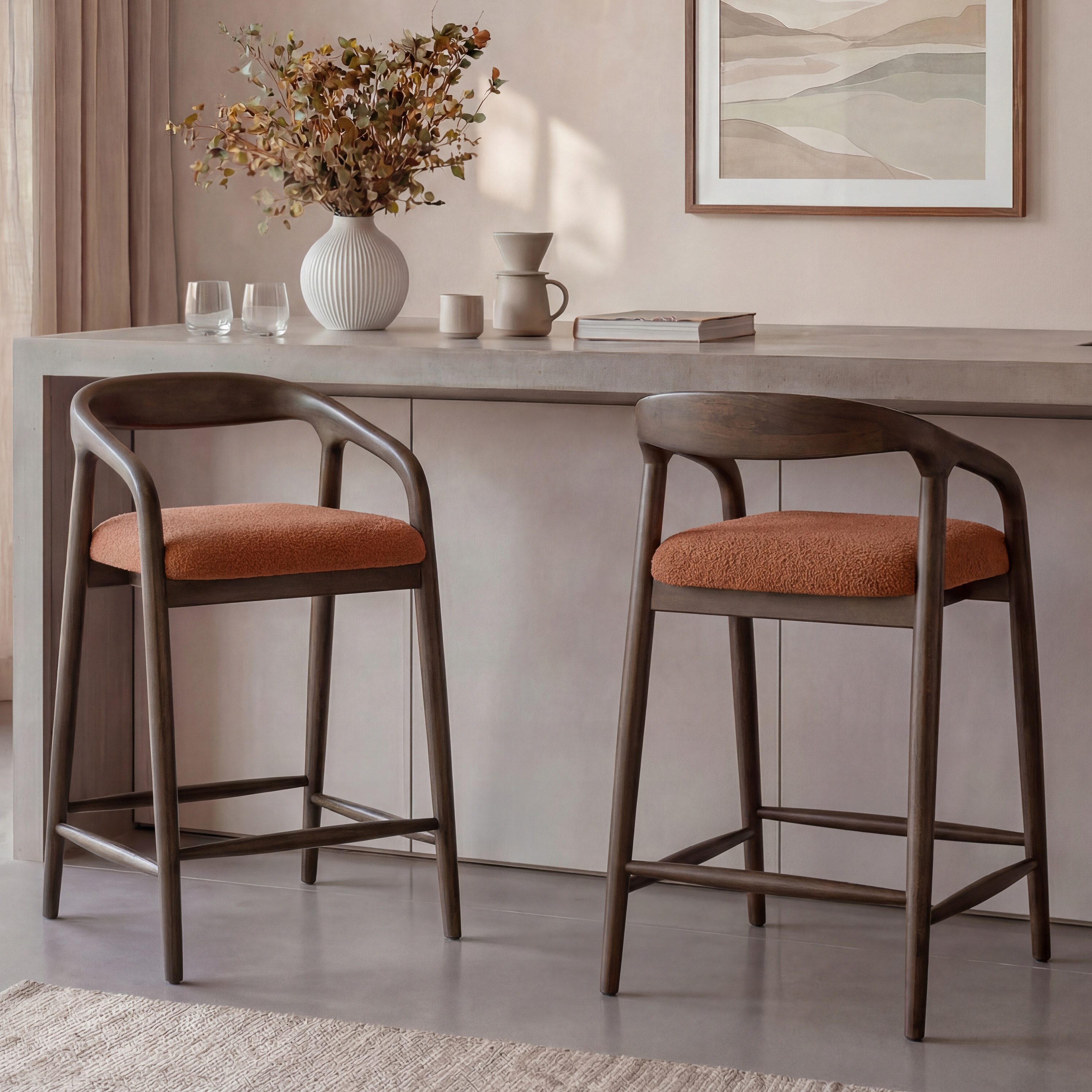 Zen Solid Wood Bar Stool (Danish Walnut Finish, Rust Boucle Colour)
