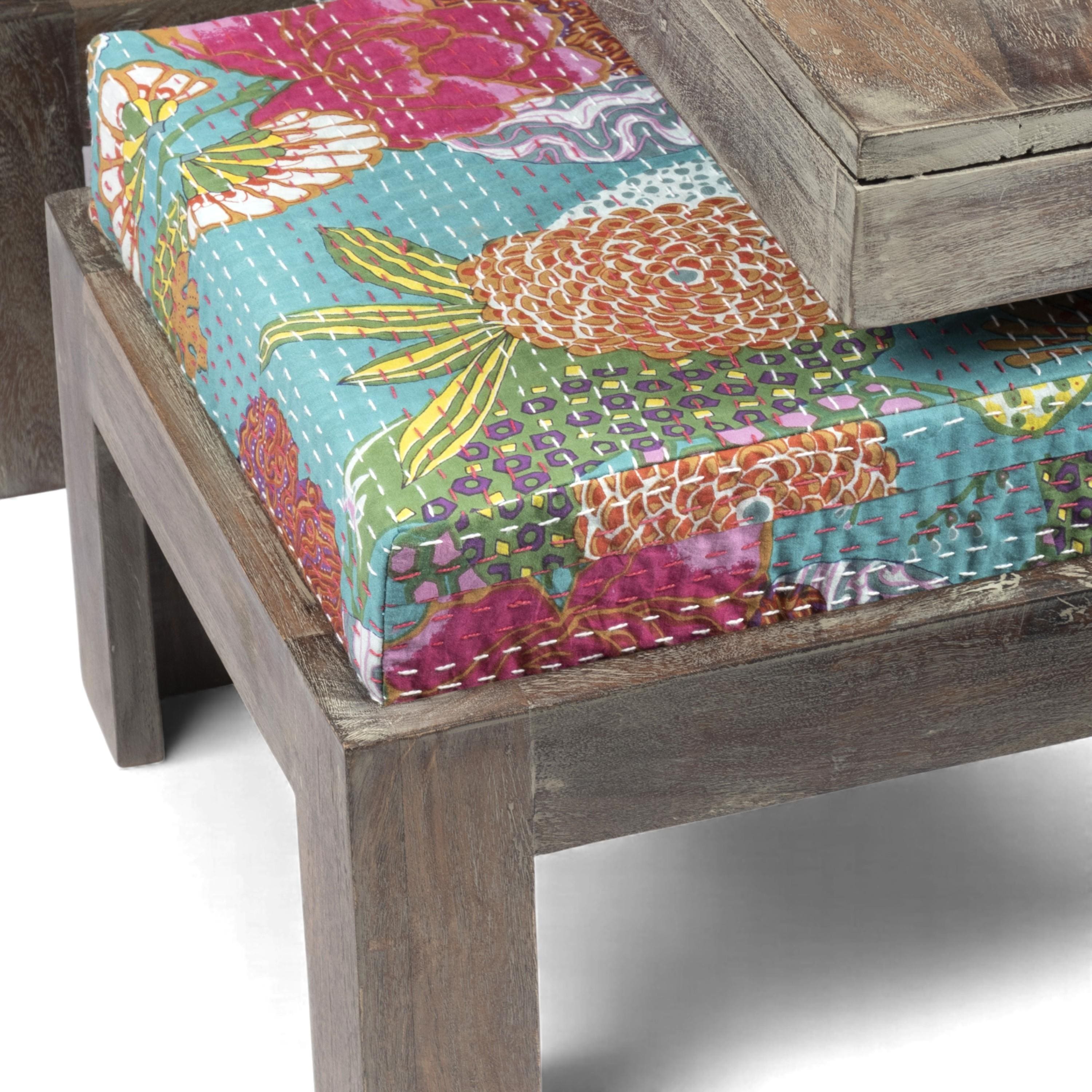 Blane Sheesham Wood 4 Seater Coffee Table Set In Antique Grey Finish Floral Print Green Kantha Cushion