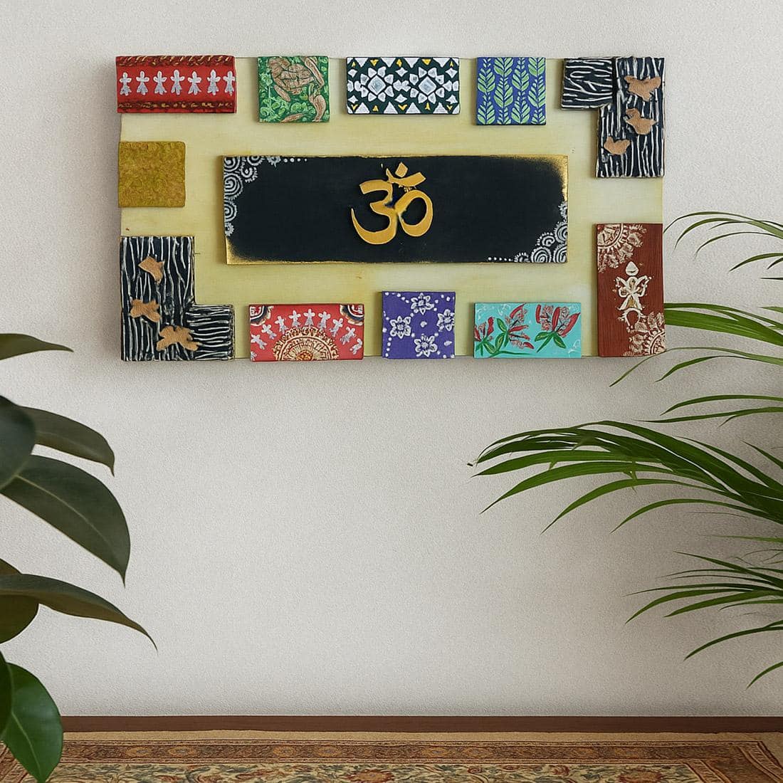 Multi Color Wooden Wall Art Panel with hand made God's idol Cone Art Work of Marble Dust and Clay