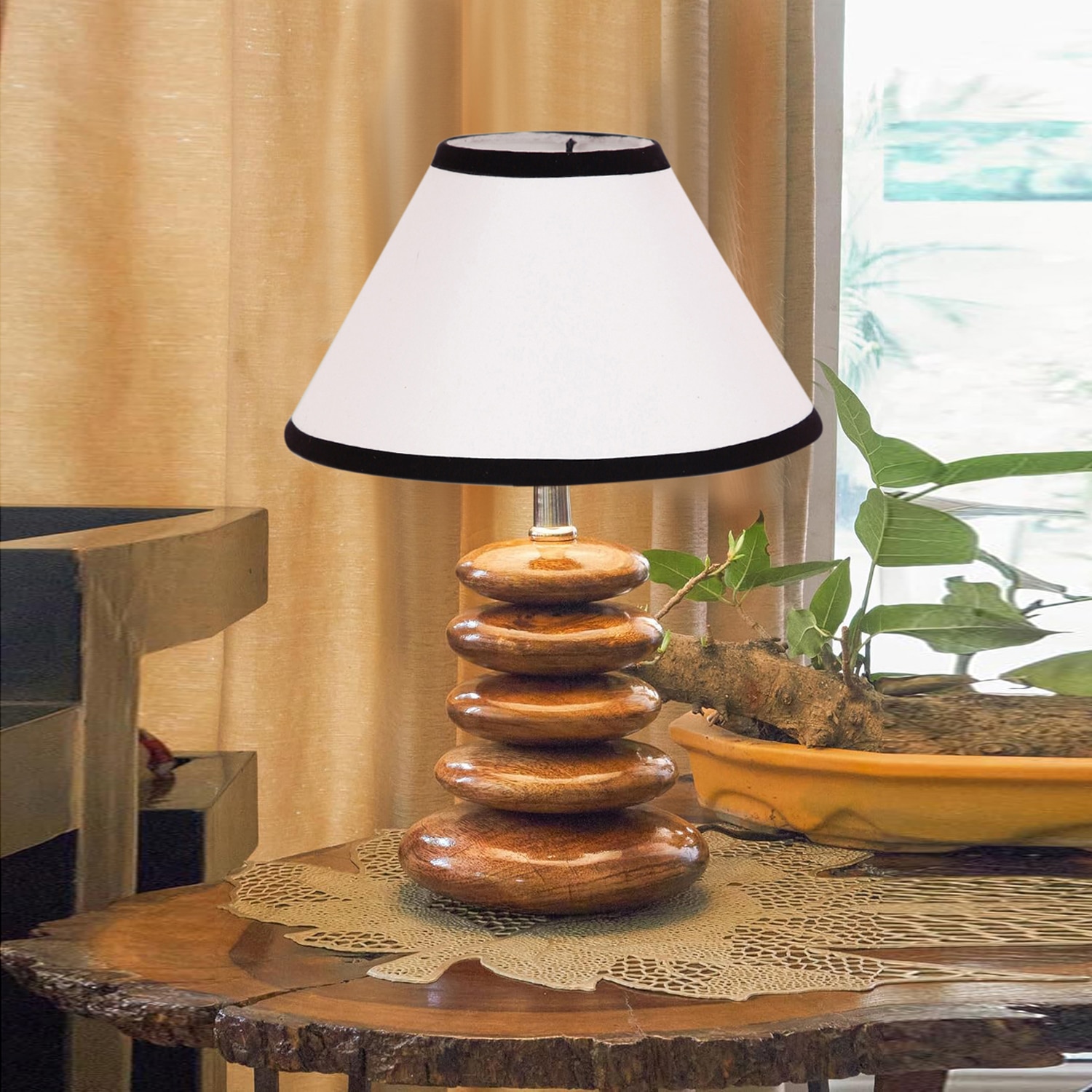 Devansh White & Black  Cotton Table Lamp With Wood  Pebble Lamp  (10X10X15) Inches