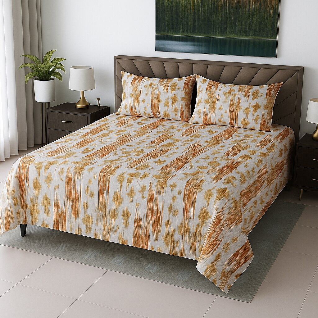 Cream Abstract 210 TC Mix Cotton Flat Super King Size Bedsheet With 2 Pilllow Covers From Threads