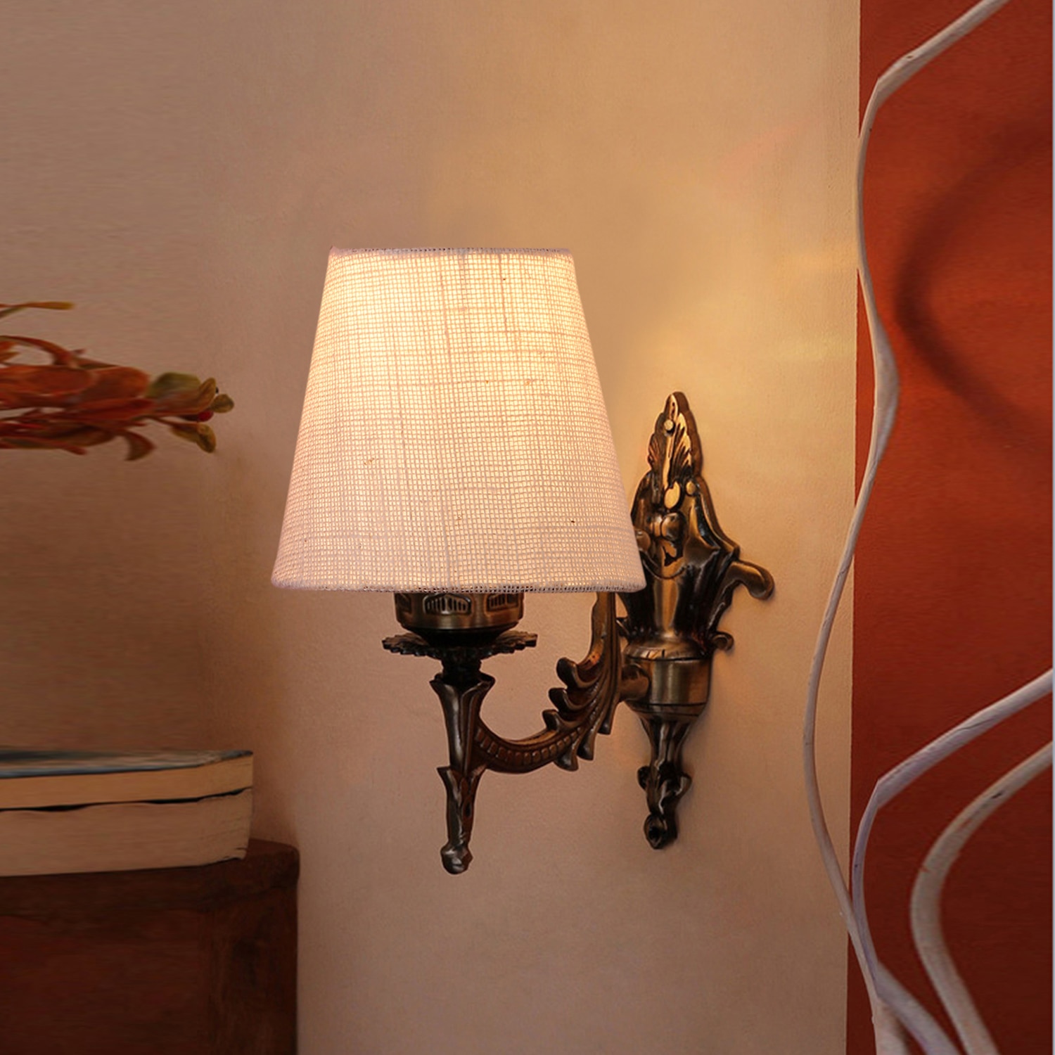 Devansh Metal Electric Wall Light in Antique Gold Colour with White Shade Count of 1 Light - Devansh
