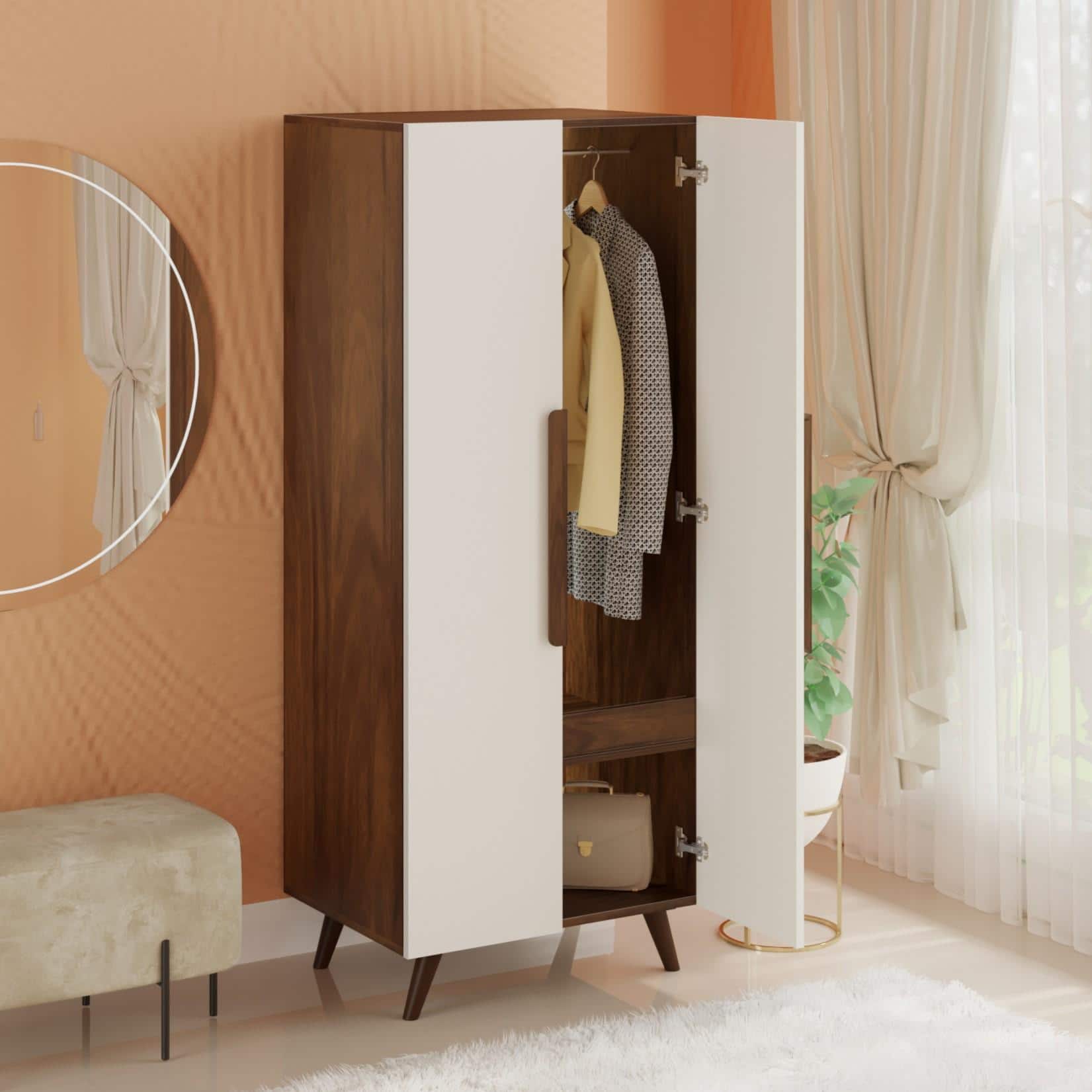 Bonco Engineered Wood Wardrobe In Brown Maple & White Finish