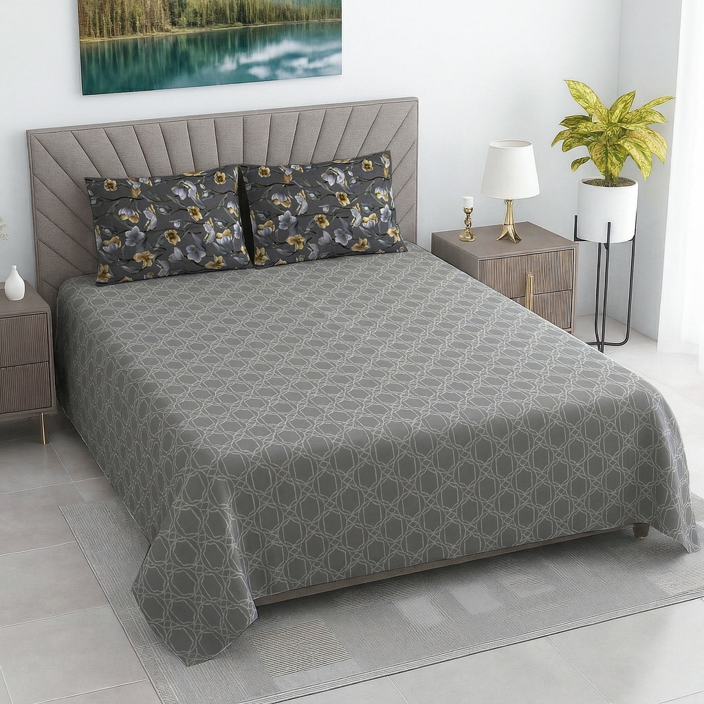 Lena Multi Shade Abstract 400 TC Cotton Satin Flat Super King Size Bedsheet with 2 Pillow Covers – Threads - Threads