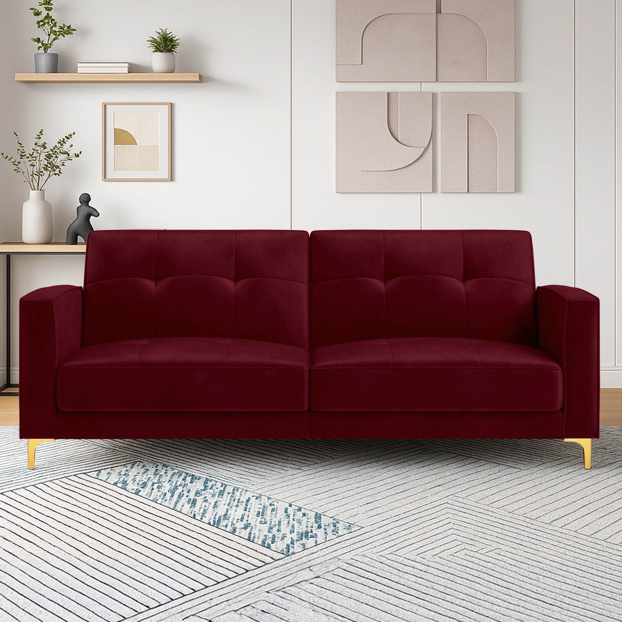 Novelle 3 Seater Velvet Sofa Cum Bed in Maroon colour