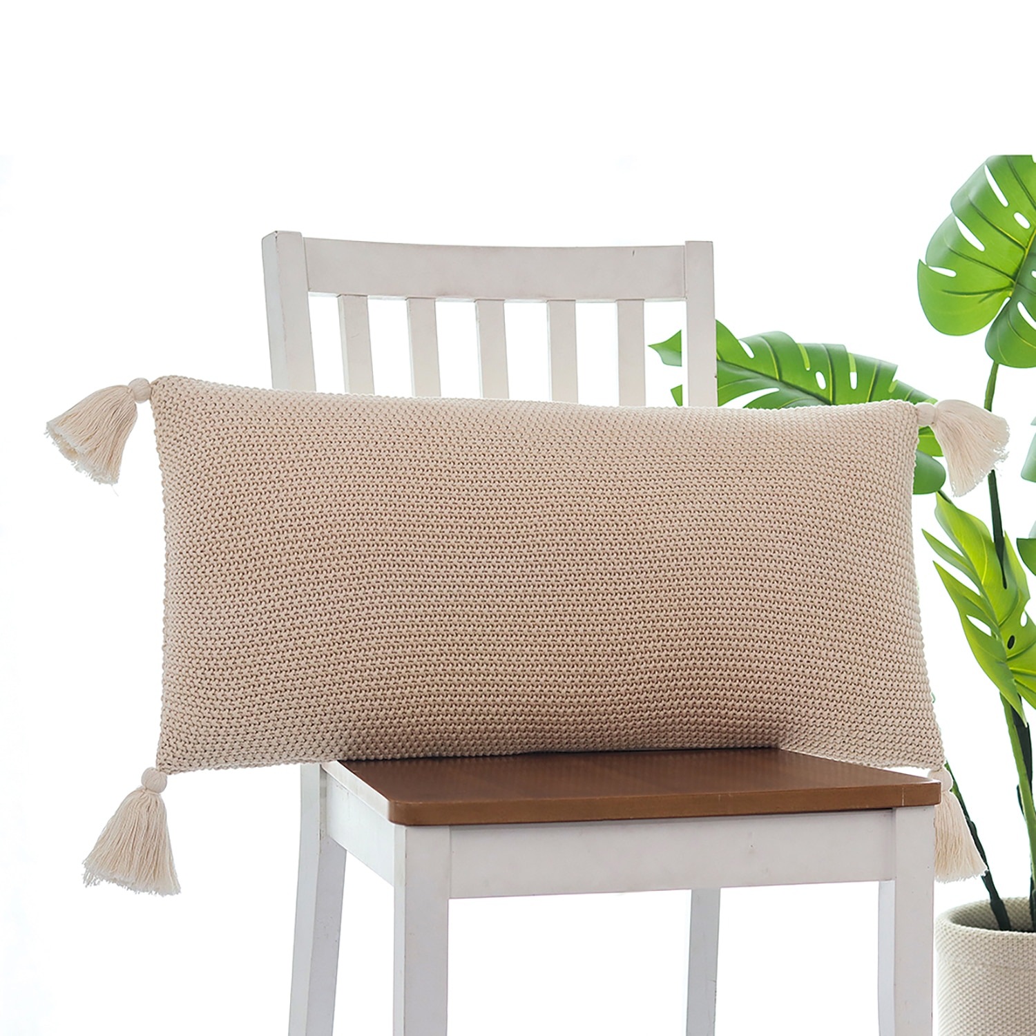 Moss Knit Cotton Pillow Cover  Natural 14X27  Inches - Pluchi
