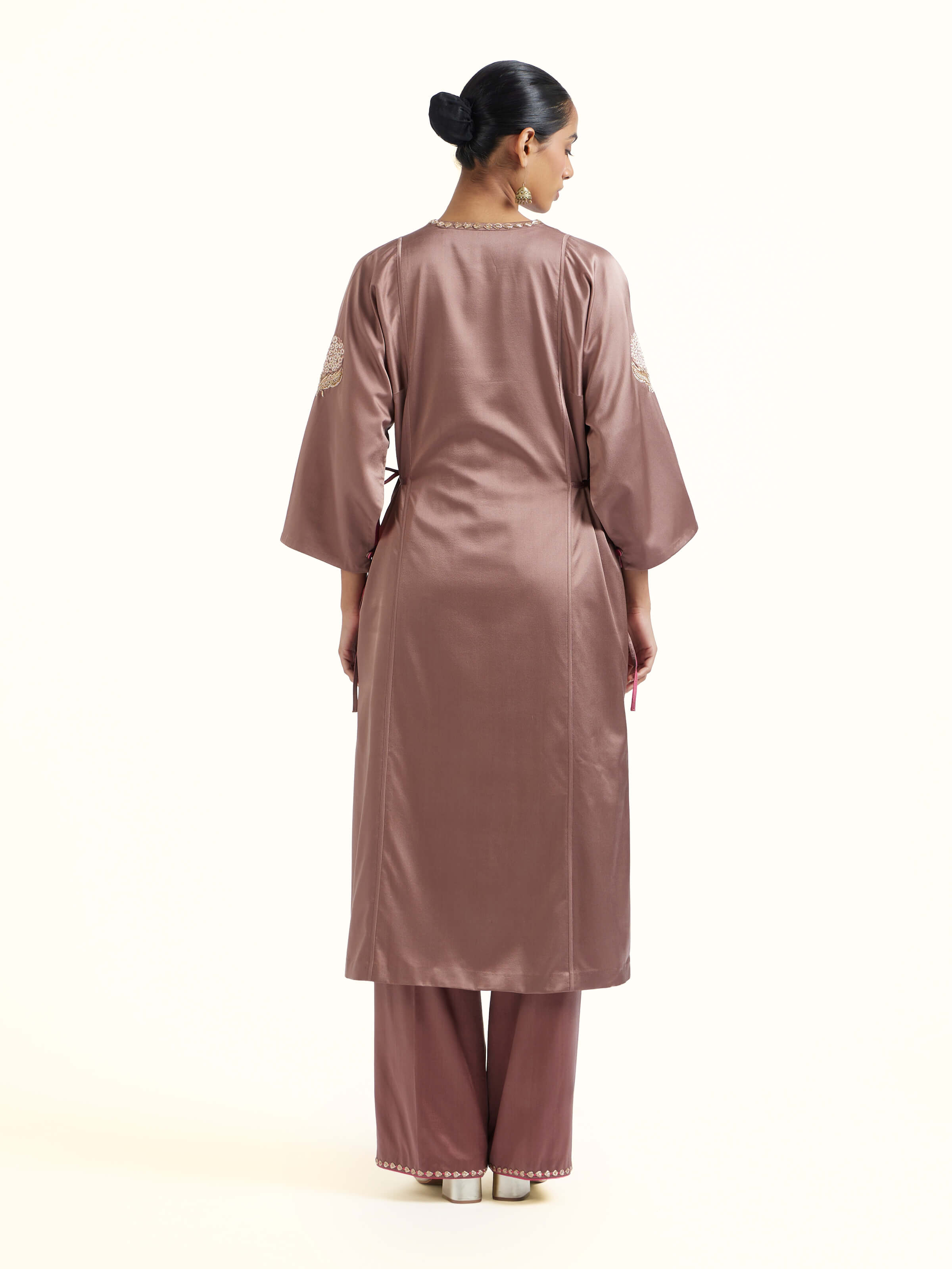 Back view of brown silk Banarasi co-ord set displaying full ensemble
