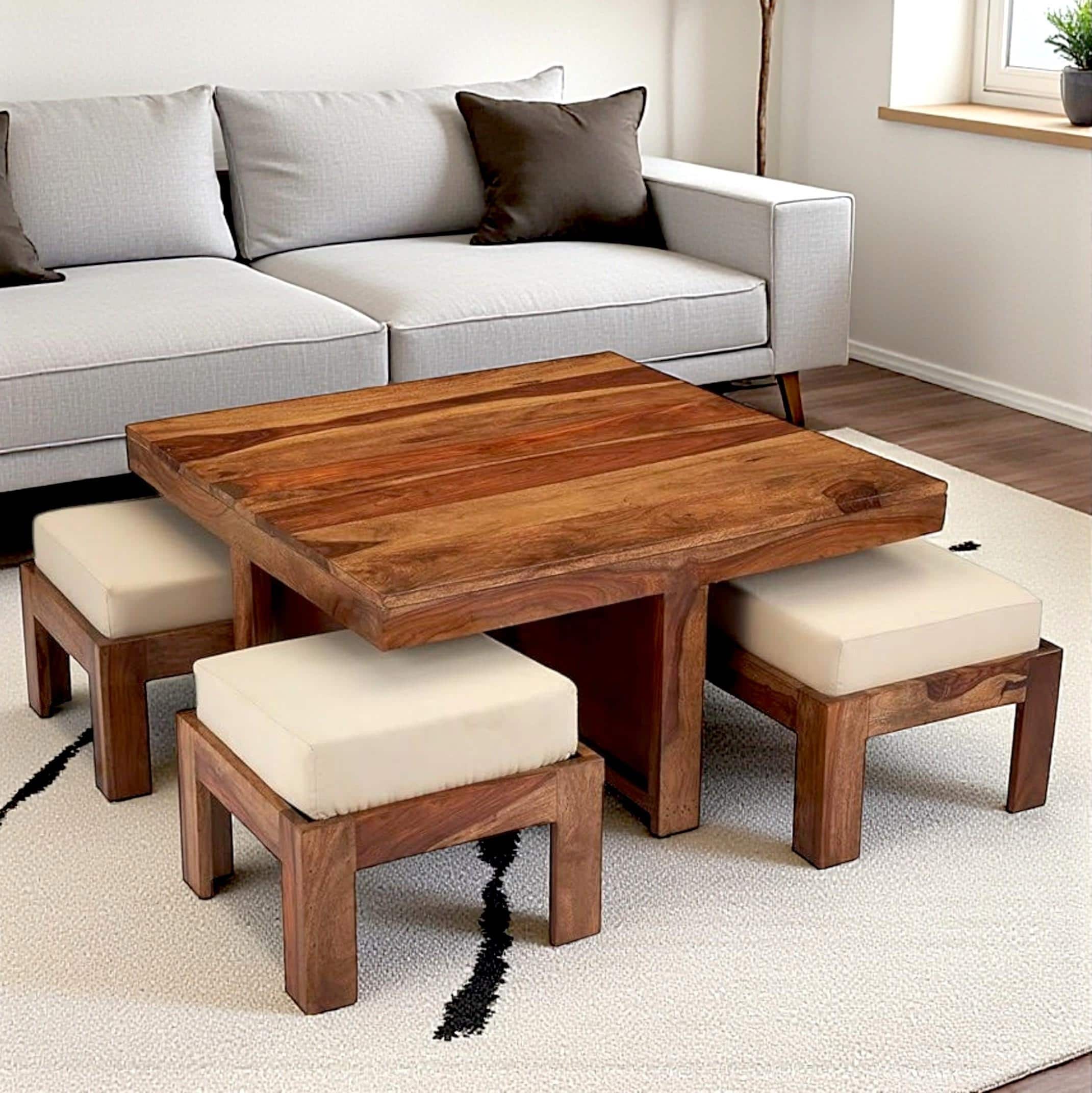 Blane Sheesham Wood Accent Coffee Table Set With 4 Stools In Natural Teak Finish