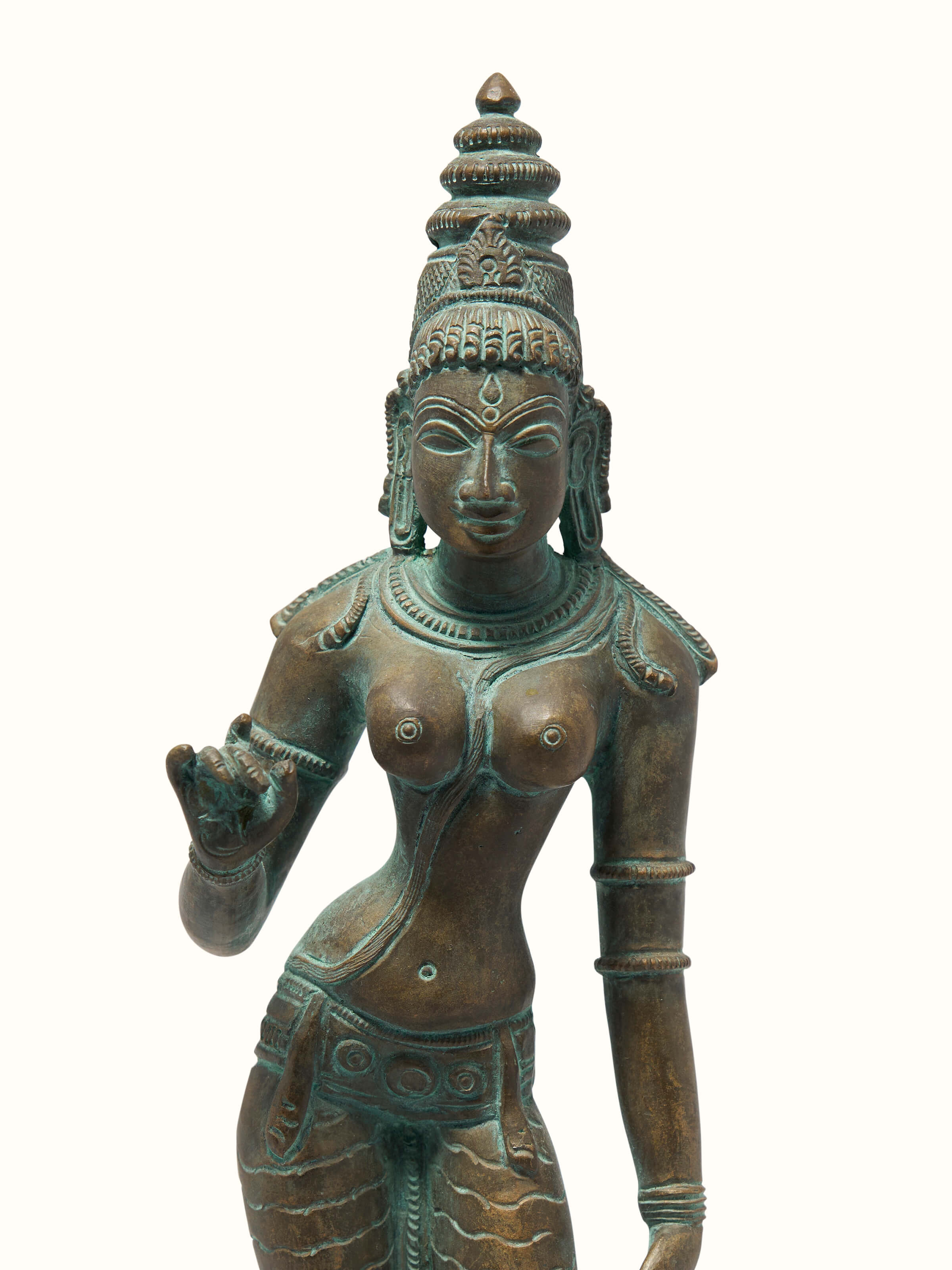 Back view of Antique Bronze Casting Goddess Parvati Idol from Swadesh, showcasing the fine detailing of the idol's rear side.