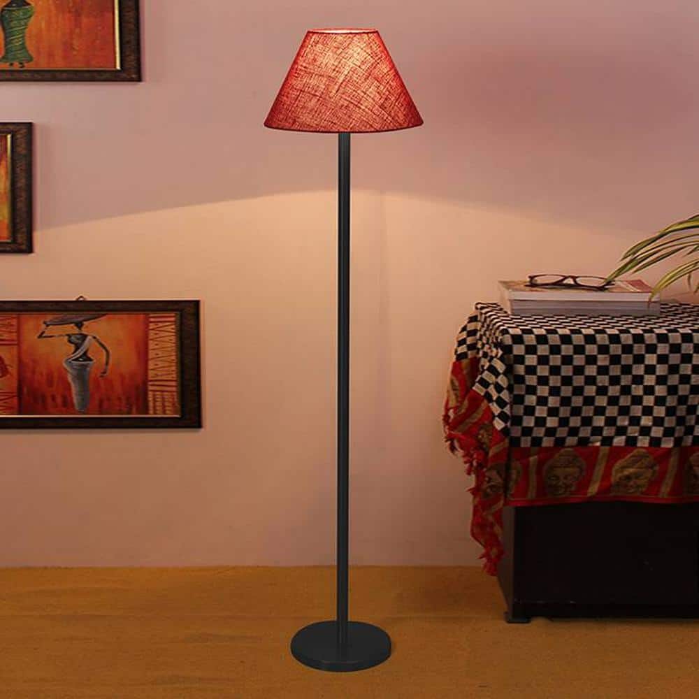 Darren Maroon Natural Fiber Shade Floor Lamp with Black Iron Base