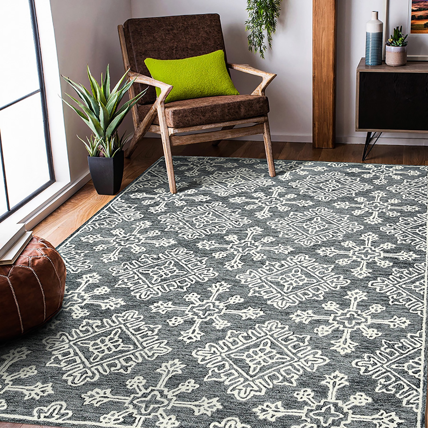 Judith Gray Steel Geometric Hand-Tufted Wool 7.5X5 Feet Carpet - Saraswati Global
