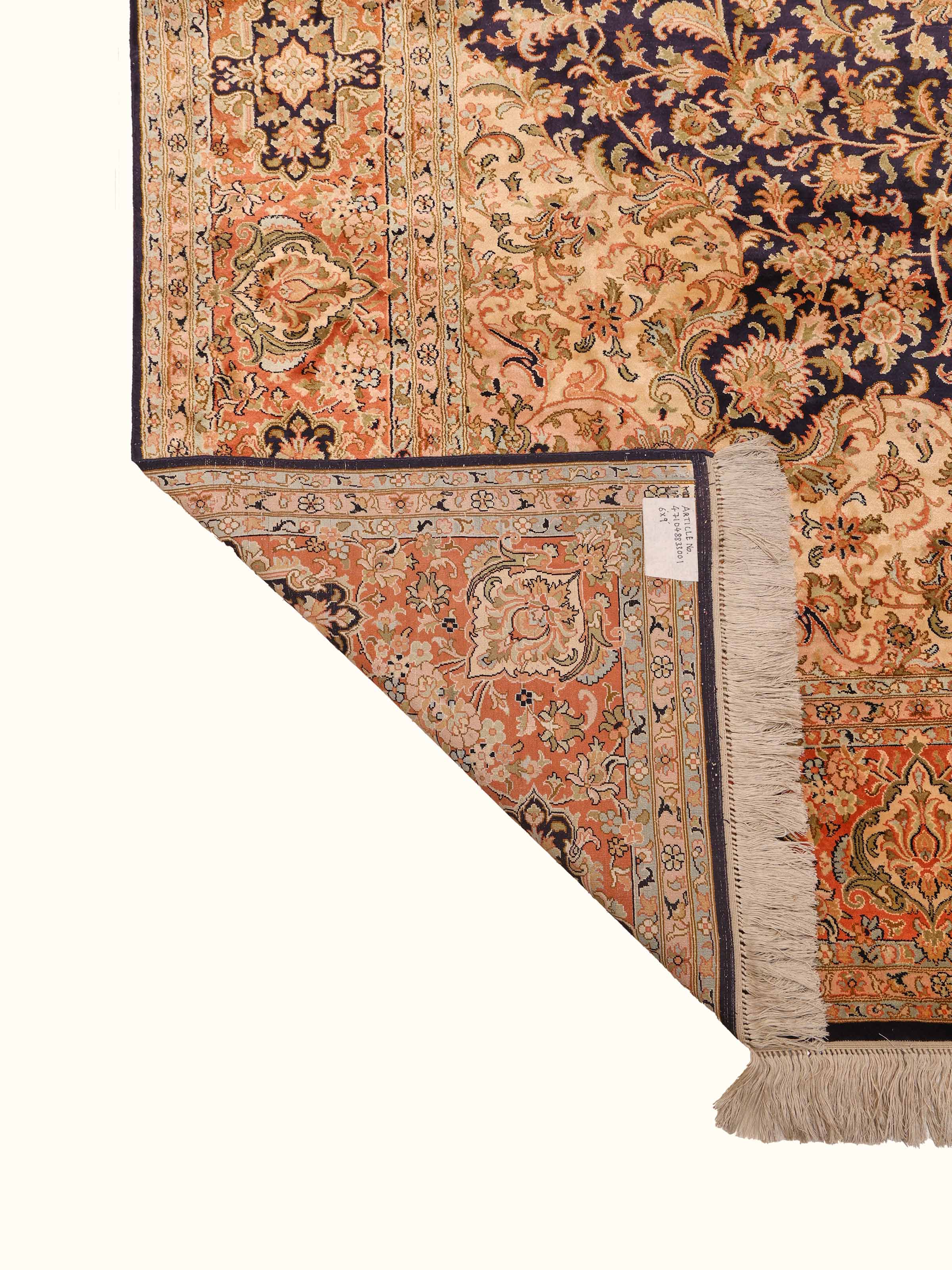 Traditional Persian Navy Rust Kashan Kashmir Silk Hand-Knotted Carpet