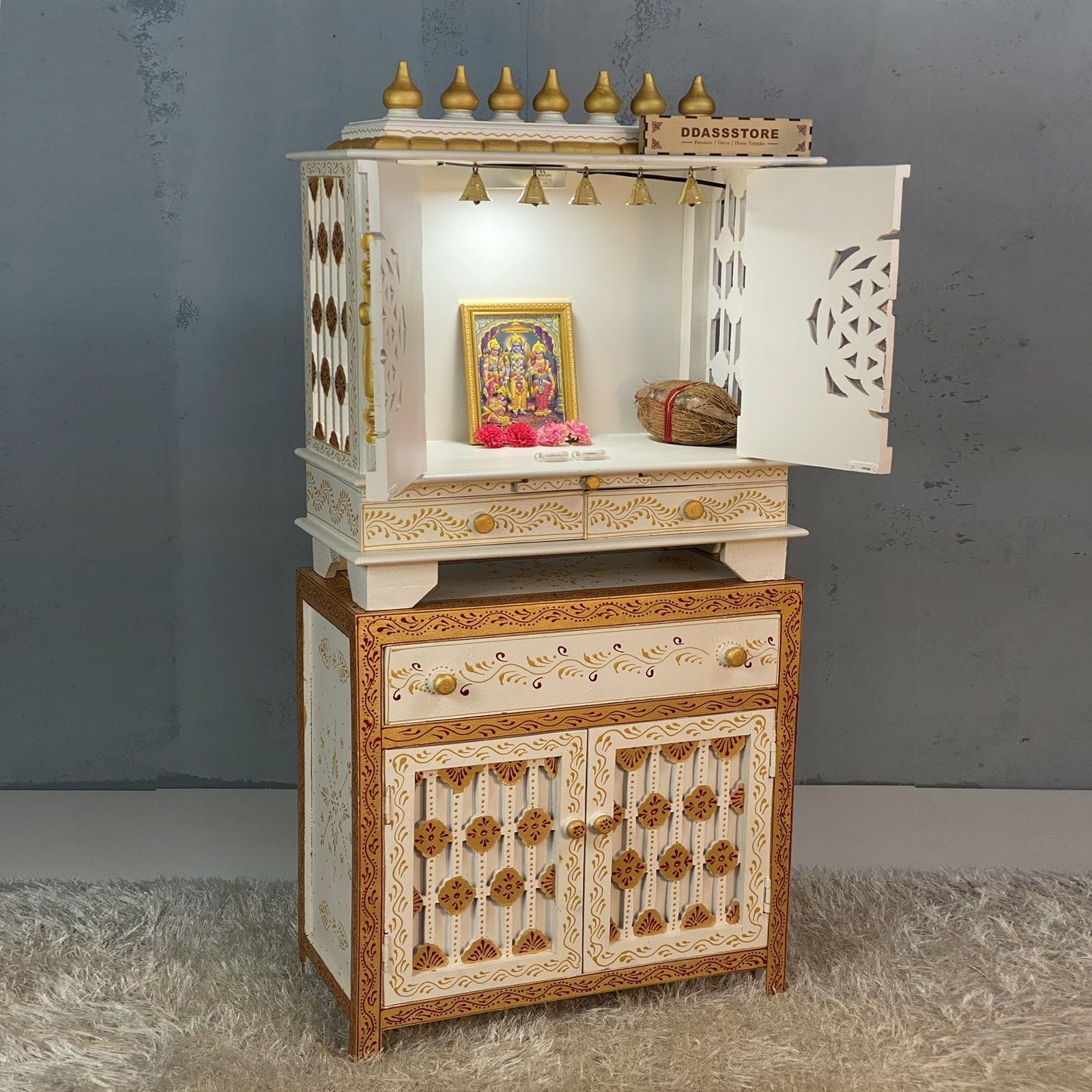 D'Dass White Mdf and Sheesham Wooden Temple With Cabinet For Pooja - D'DASS