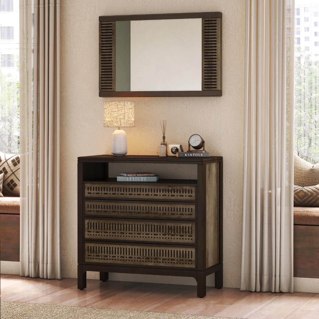 Masai Solid Wood Mirror In American Walnut - 2 Tone Finish