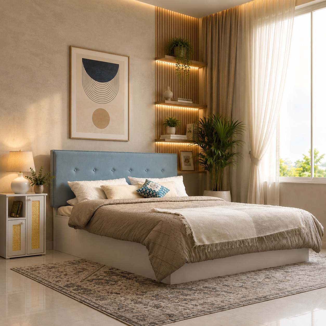 Virabhad Engineered Wood Queen Size Bed With Hydraulic Storage (Melamine Finish, White Colour)