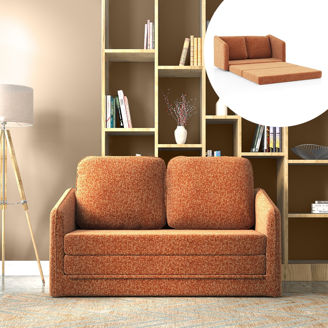Kobi 2 Seater Fold Out Sofa Cum Bed in Burnt Orange Colour