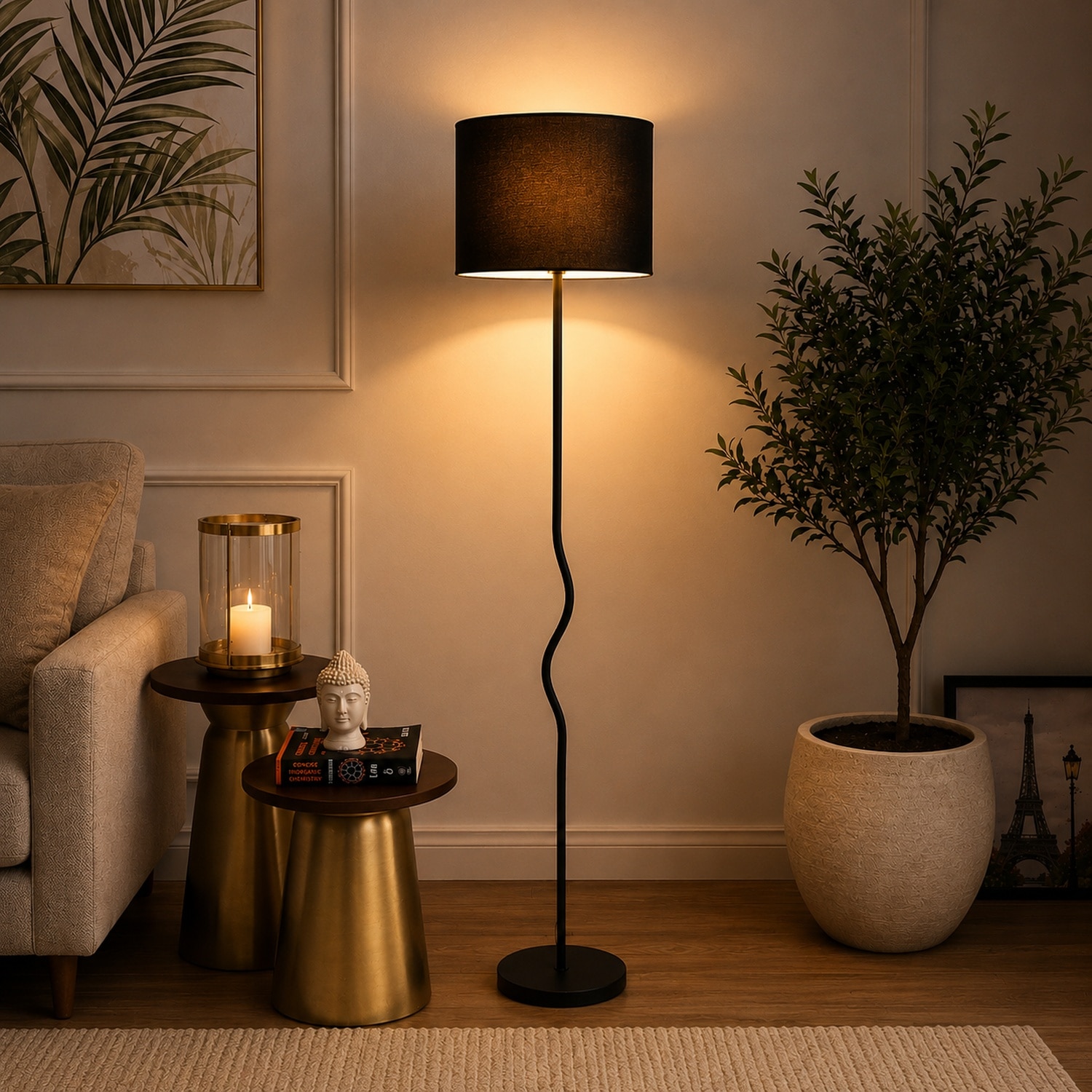 Bear Black Cotton Floor Lamp with Solid Wood - Pristine Interiors