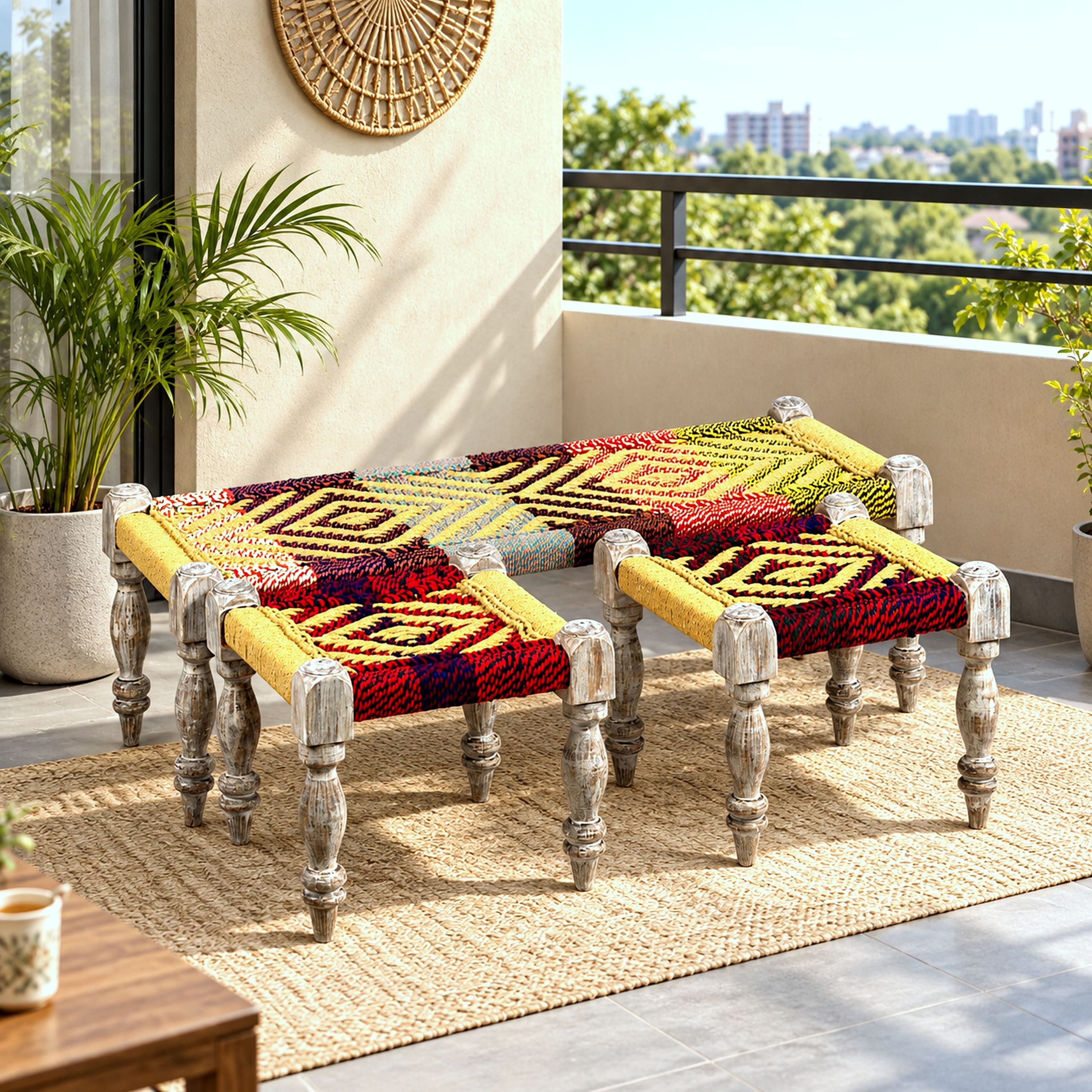 Hamilton Sheesham Wood 3 Seater Maachi Balcony Bench with 2 Stools in Multi Colour and Yellow