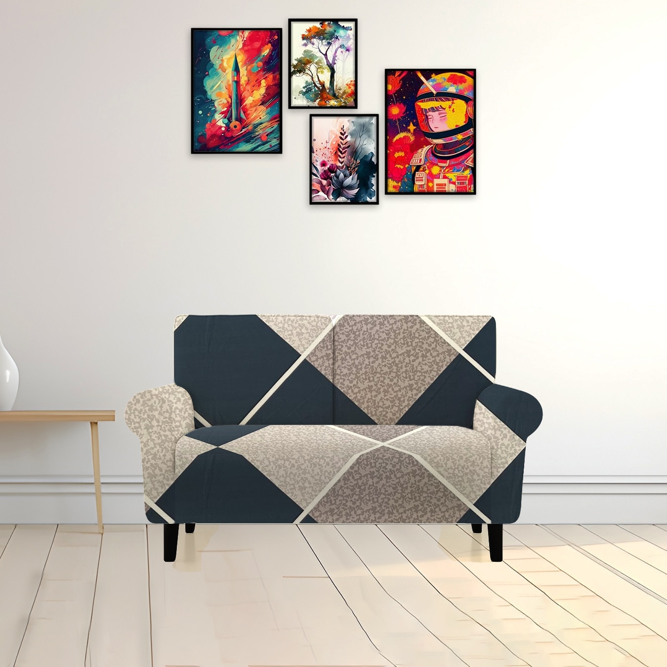 2 Seater Navy Cubes Sofa Cover