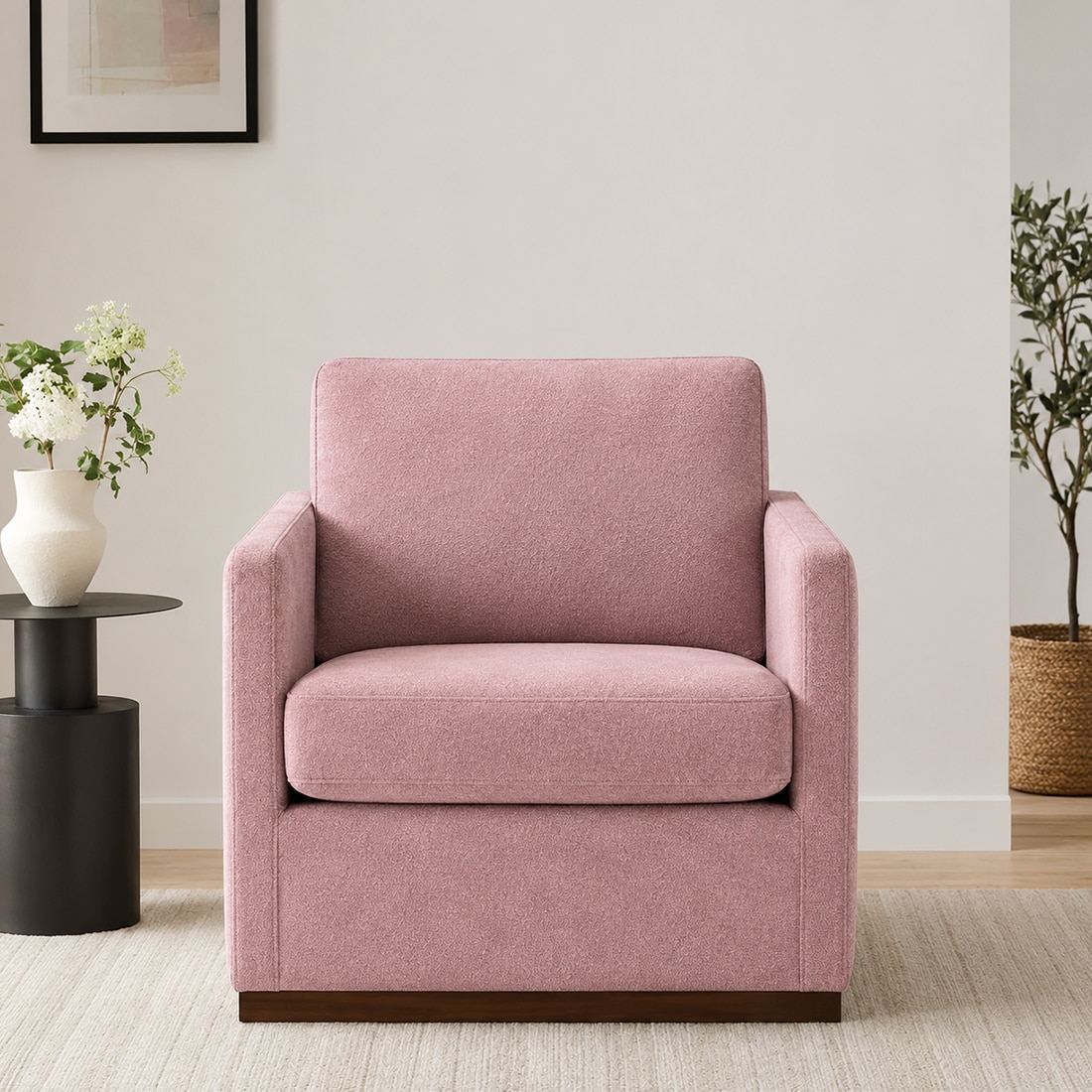 Bobby Boucle Fabric Lounge Chair in Pink Colour - KURSIWALLAH