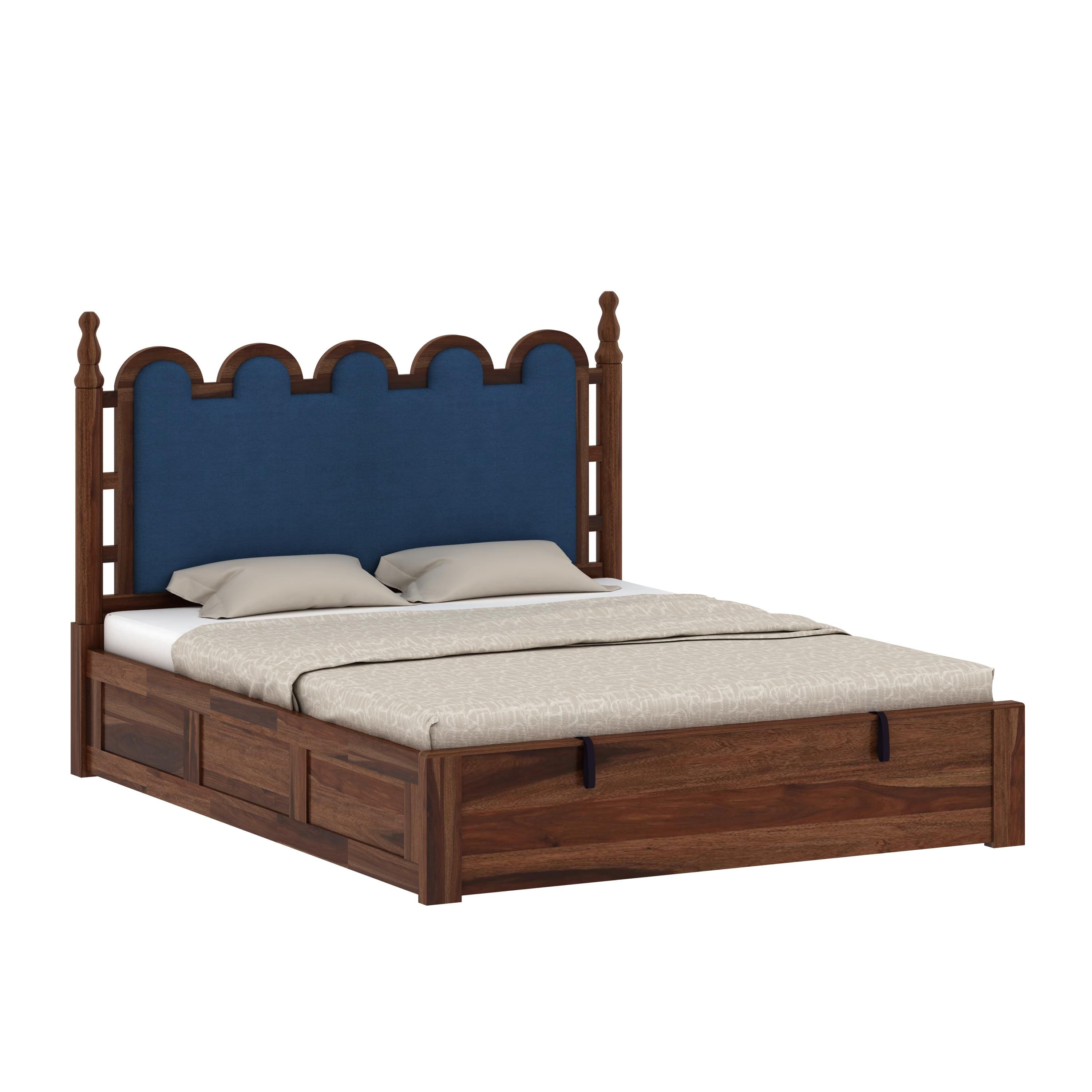 Heritage Sheesham Wood Queen Size Bed With Hydraulic Storage in Provincial Teak Finish