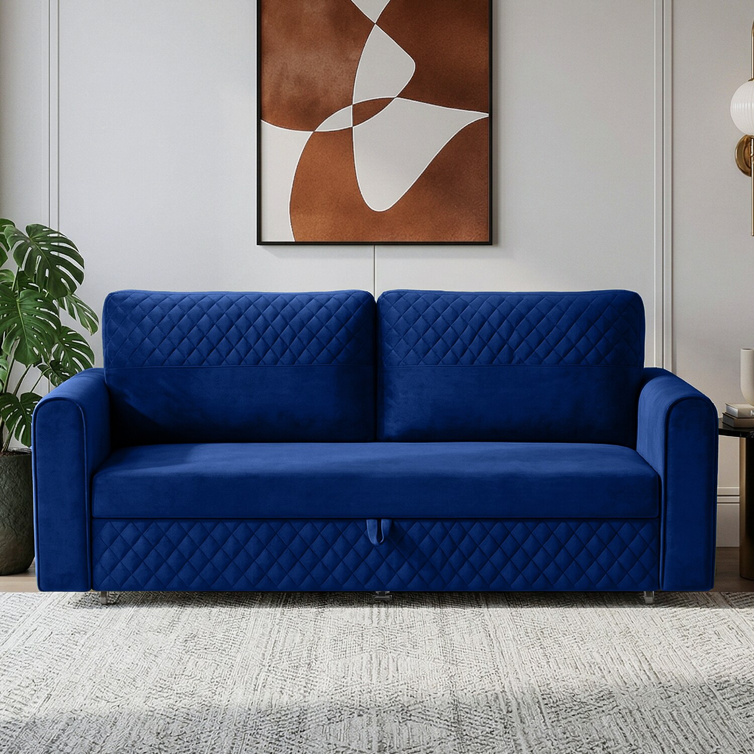 Baruna 3 Seater Velvet Pull Out Sofa Cum Bed with Storage In Blue Color - Home Lifestylez